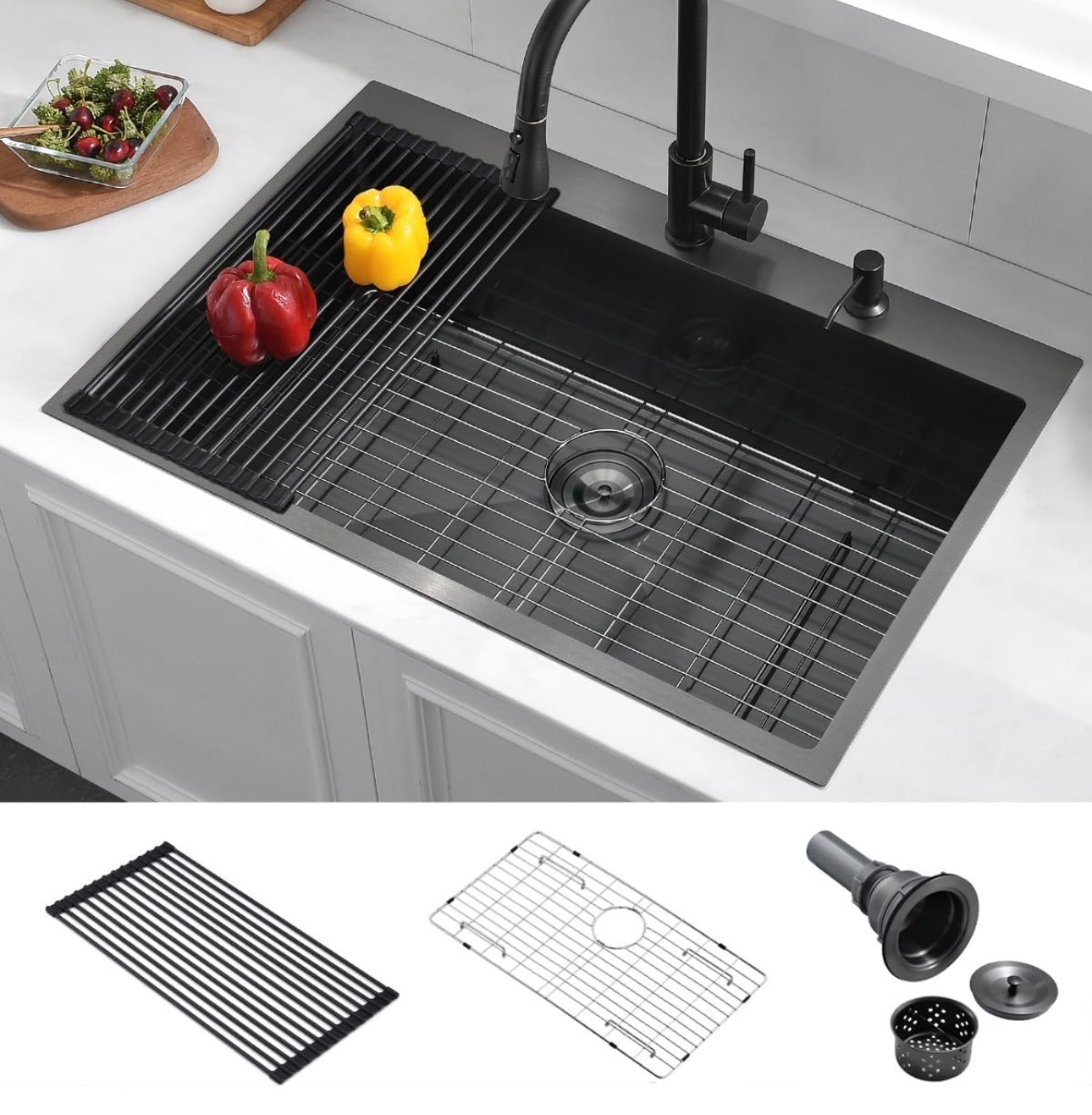 Kitchen Sink 33x22x10" Black Stainless Steel 16 Gauge Noise Redu