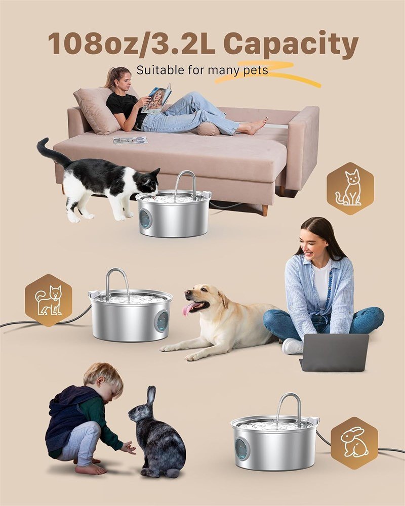 Stainless Steel Cat Water Fountain 3.2L - photo 2