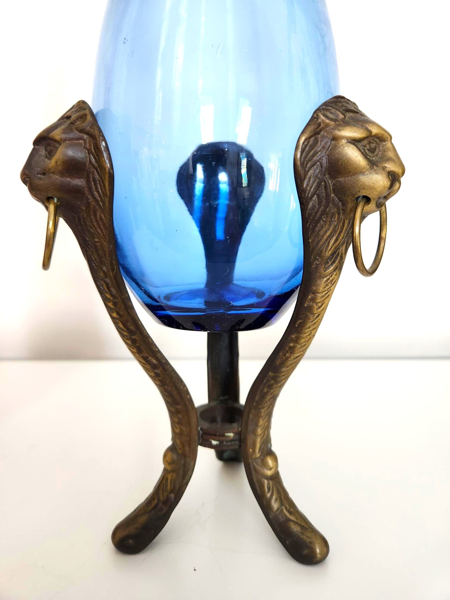 Two Art Glass Vases with Ornate Brass Lionhead Holder (3-Set) - photo 2