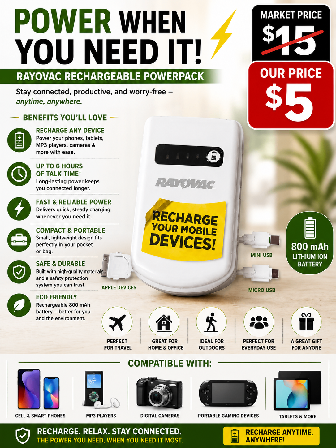 Rayovac Rechargeable Power Pack Portable Phone Charger | New - photo 3