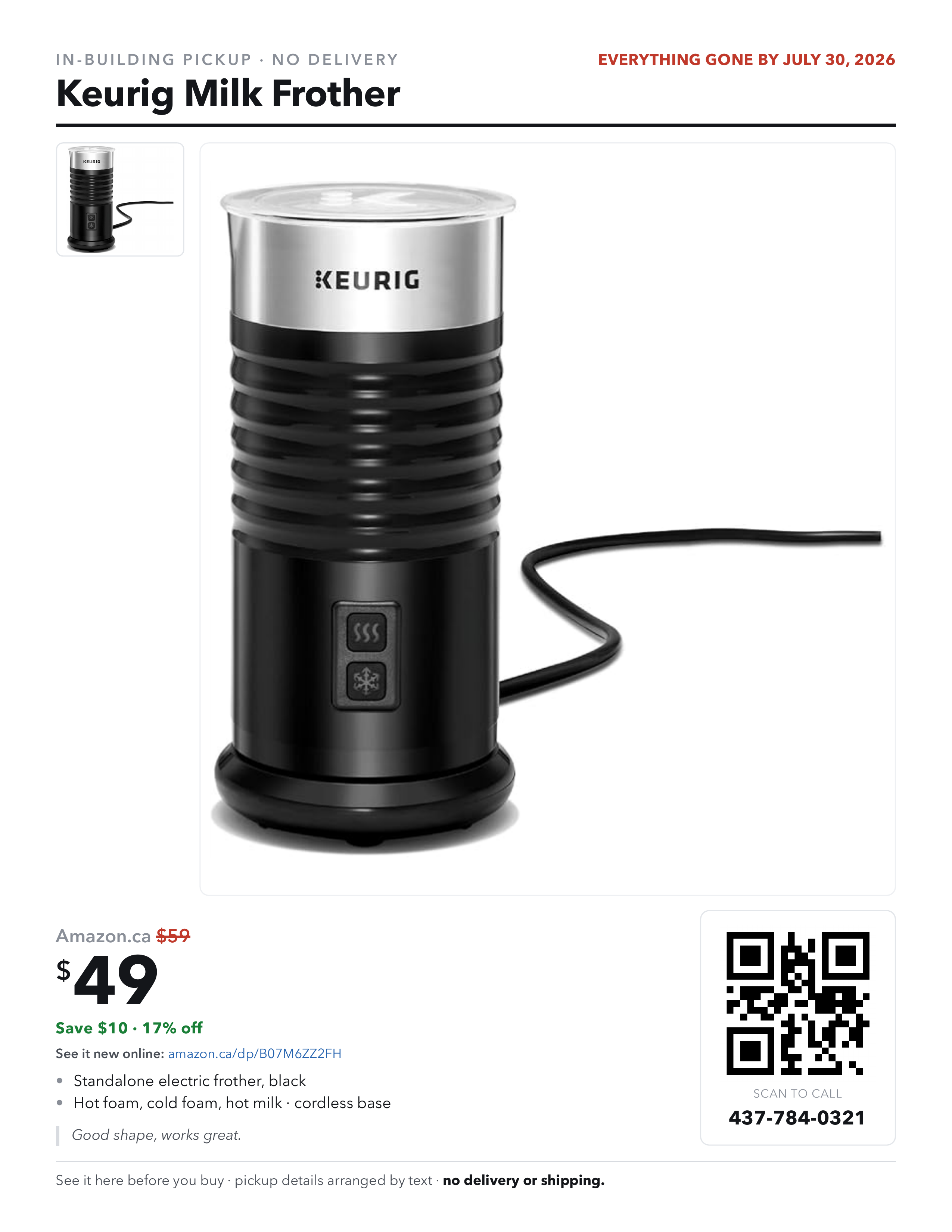 Keurig Standalone Milk Frother - Black, Hot & Cold