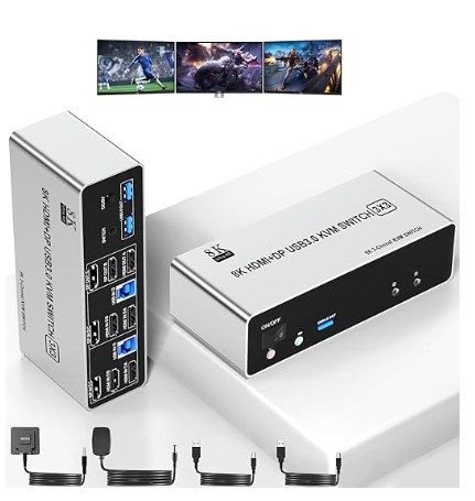 Triple Monitor 8K KVM Switch – Share 3 Displays Between 2 PCs