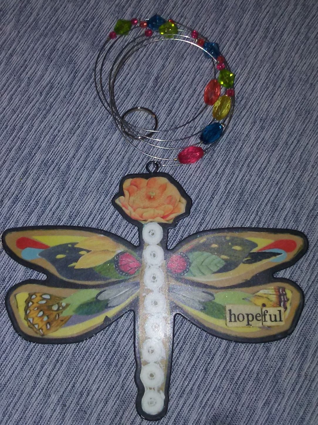 Hanging Hopeful Dragonfly Metal Beaded Decor (New) - 5 Inches