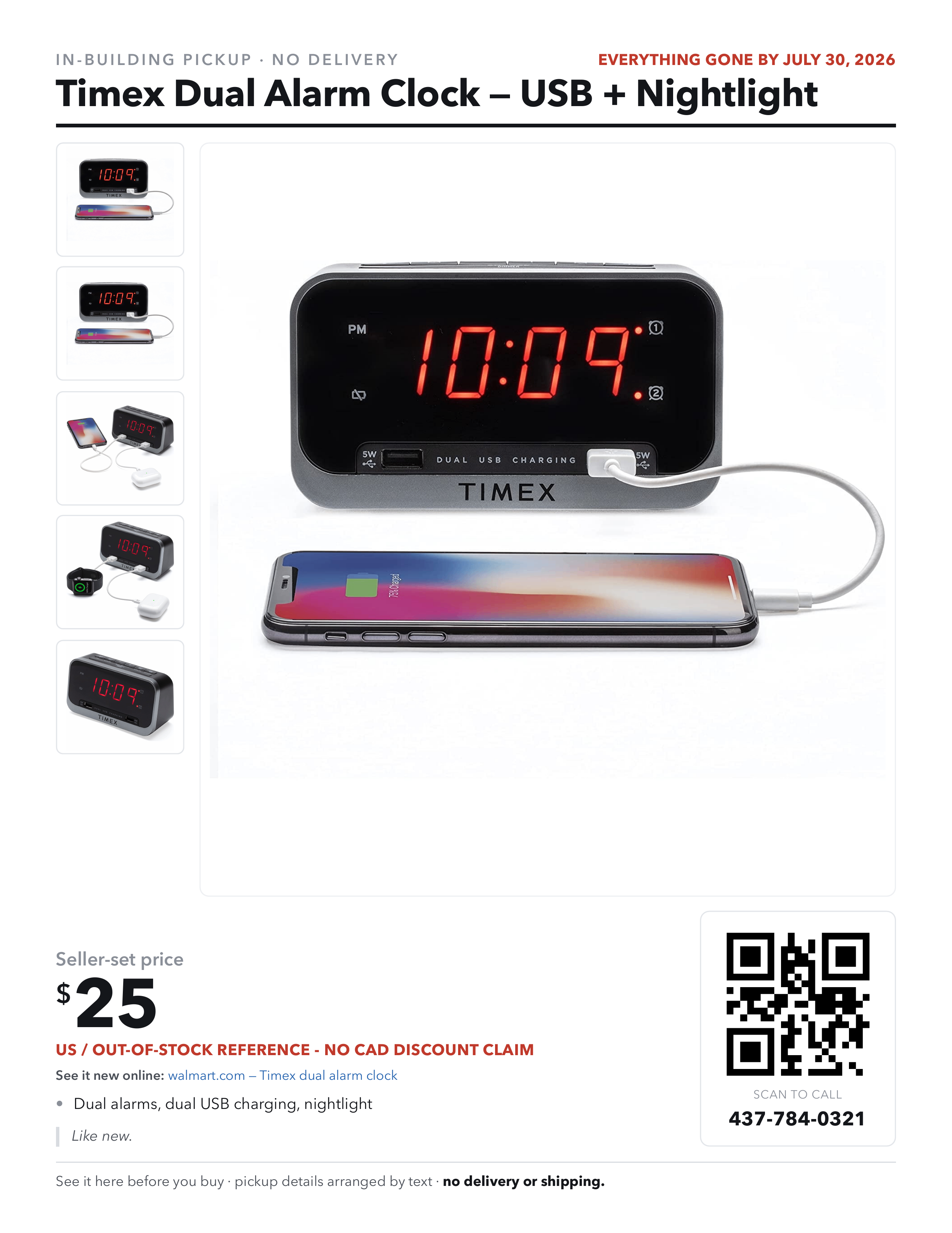 Timex Dual Alarm Clock - Dual USB Charging + Nightlight