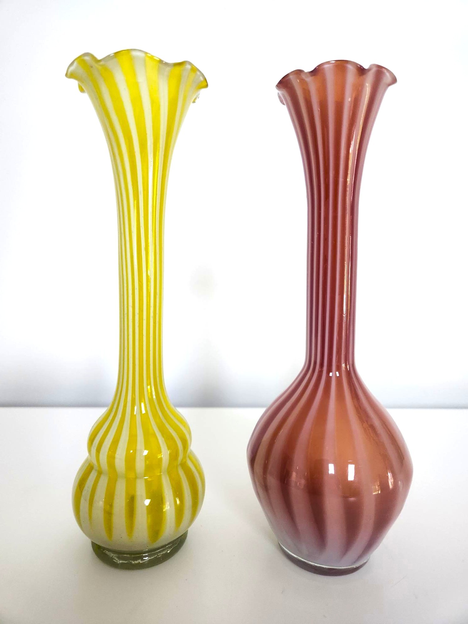 Vintage Art Glass Bud Vases, Yellow & Blood Orange