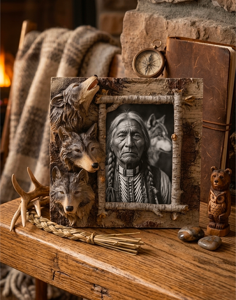 Wolf and Indigenous Man Decorative Picture Frame