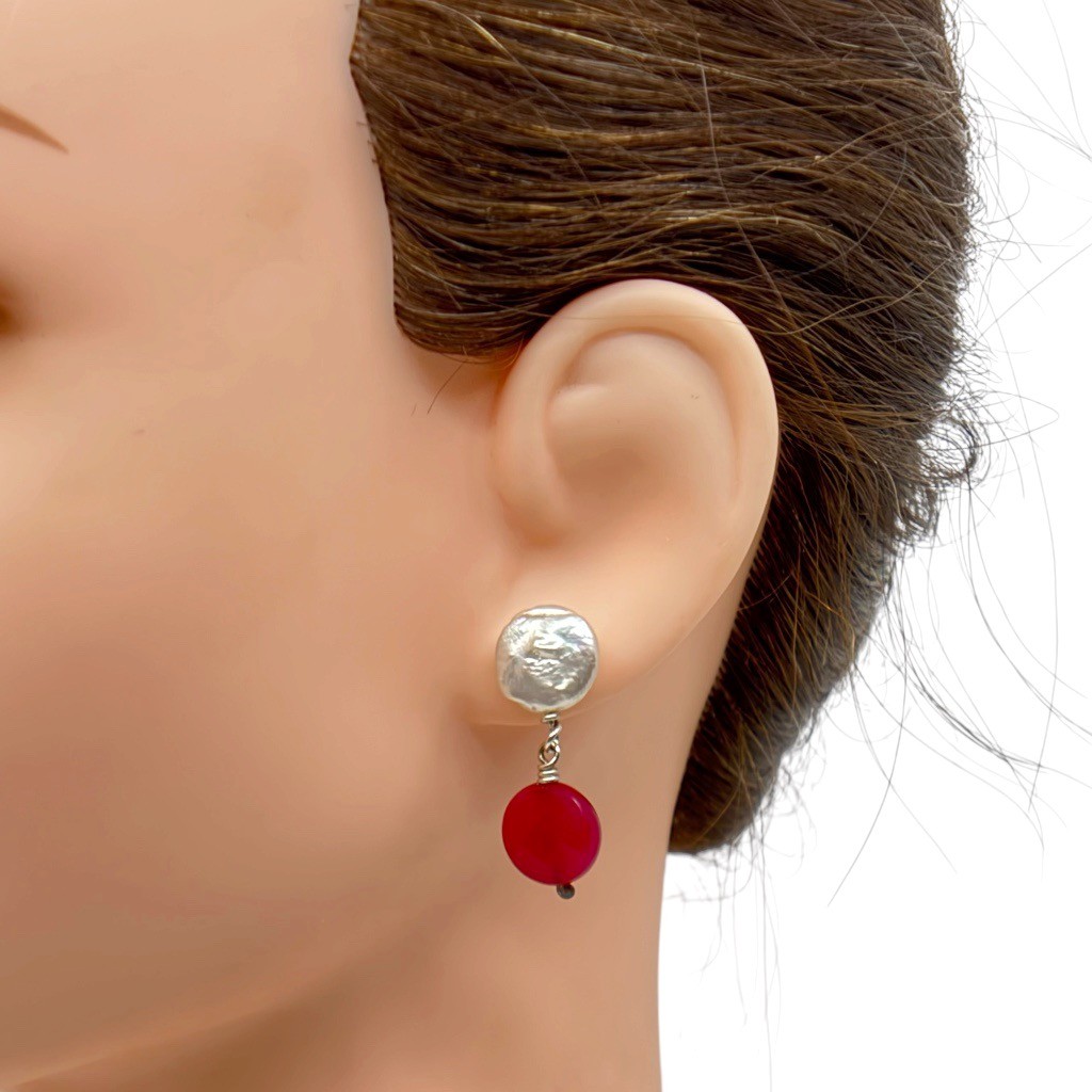 sterling silver freshwater pearl & red chalcedony drop earrings - photo 4