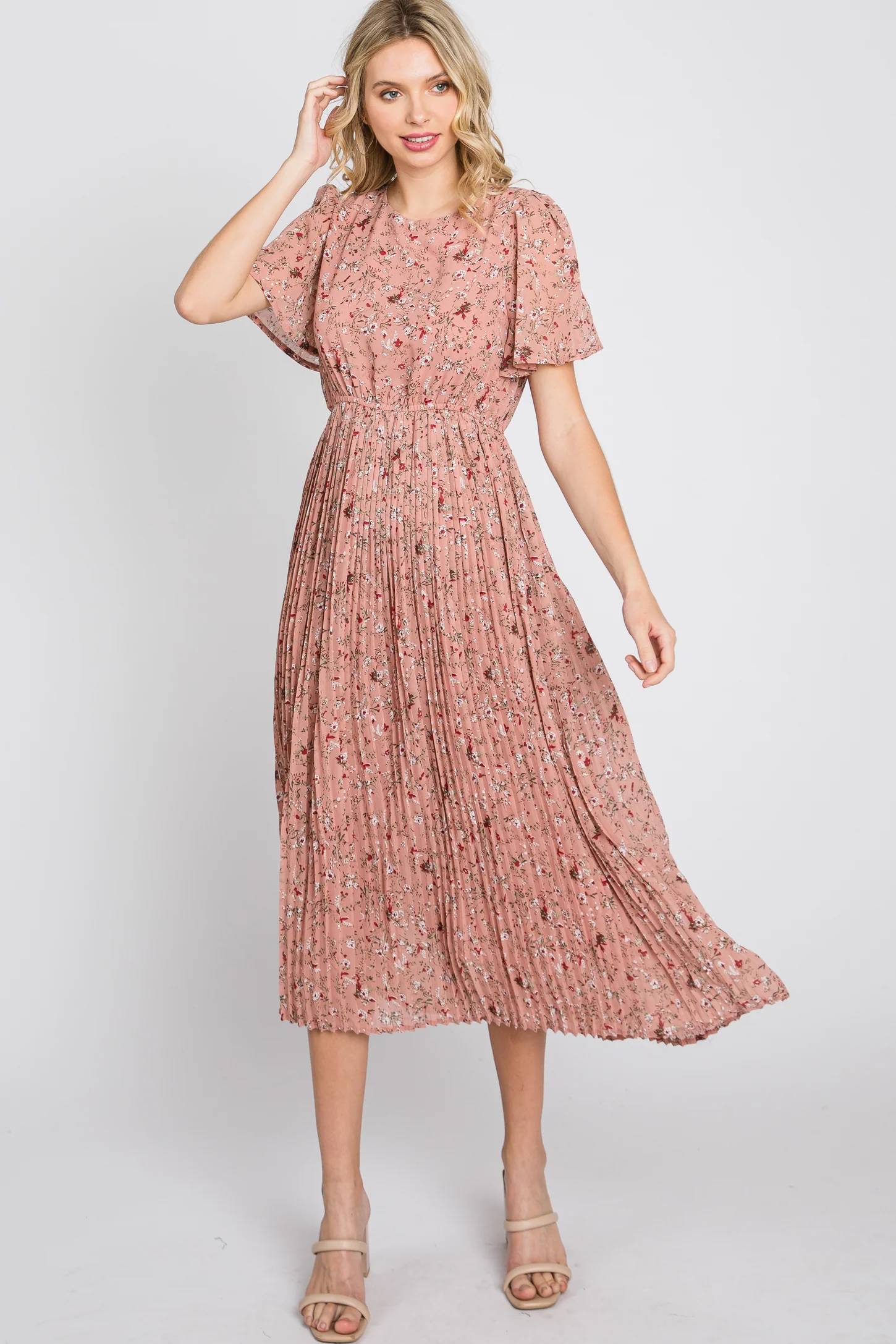 *BRAND NEW* Light Pink Floral Pleated Short Sleeve Midi Dress - photo 3