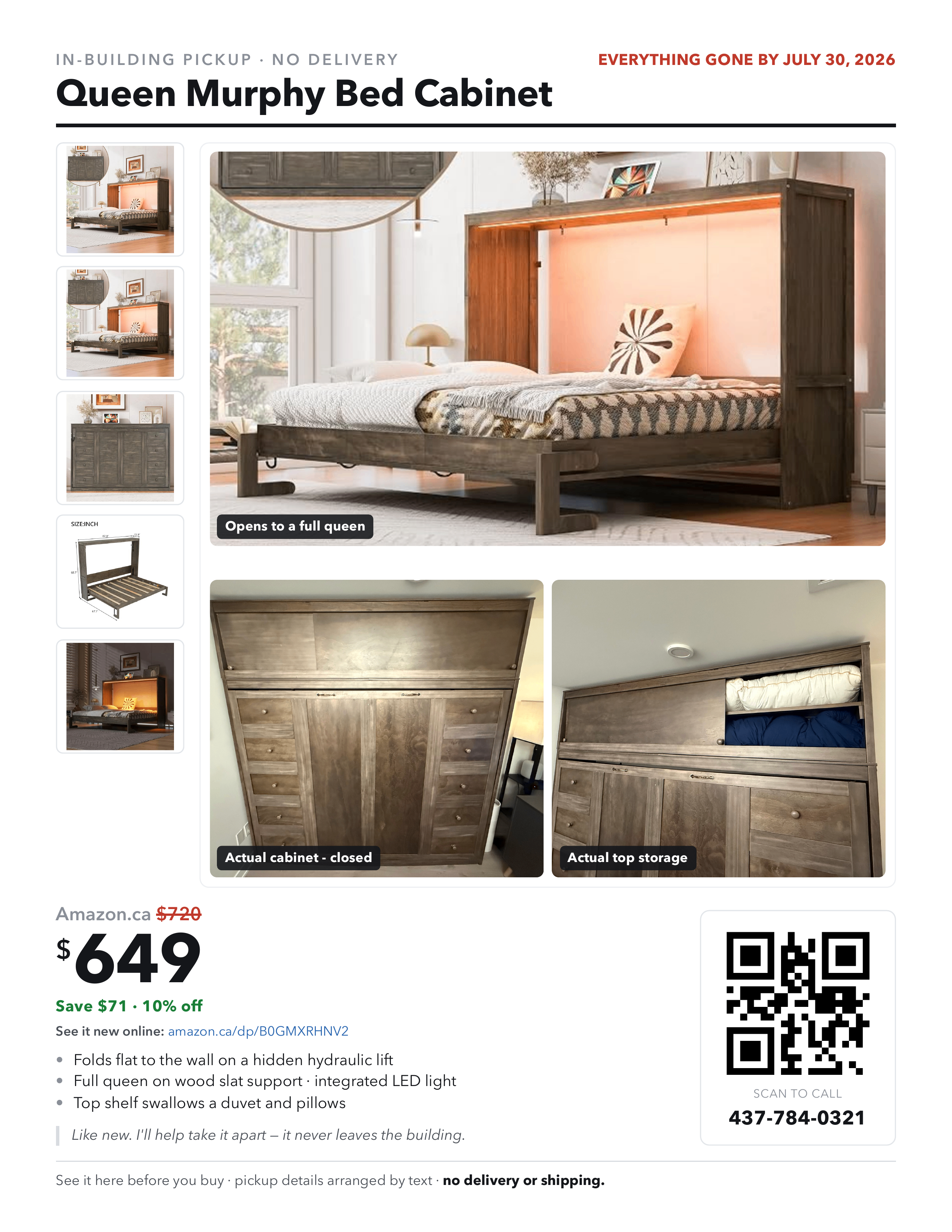 Queen Murphy Bed Cabinet - Hydraulic Lift, LED, Wood Slats