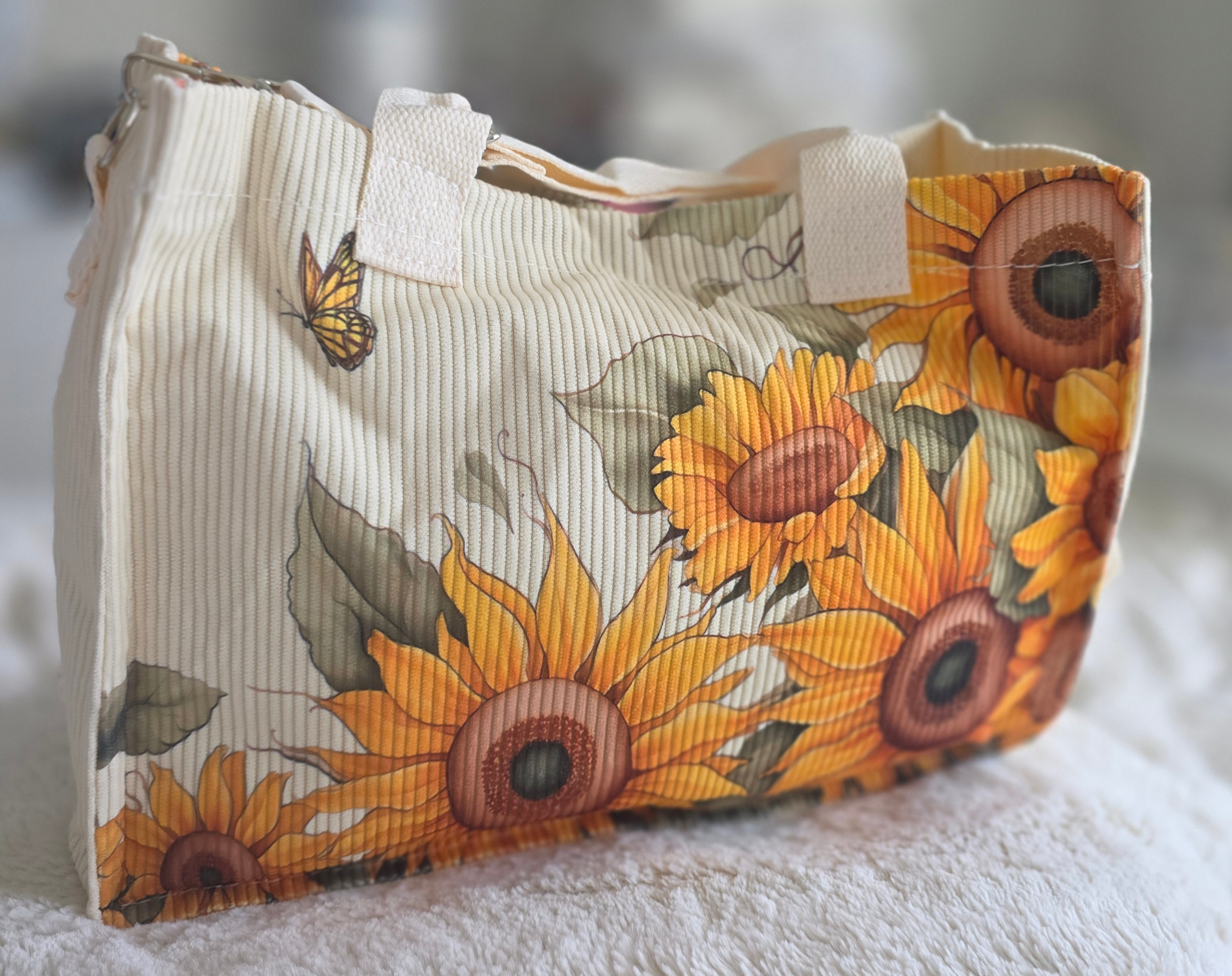 Ladies-Medium-"Sunflower & Butterfly" Pattern Corduroy Tote Bag - photo 4