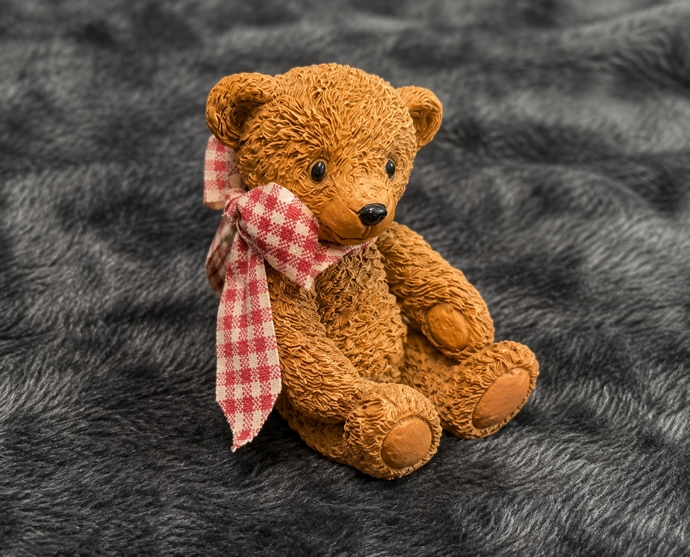 Vintage Resin Teddy Bear Figurine with Gingham Bow