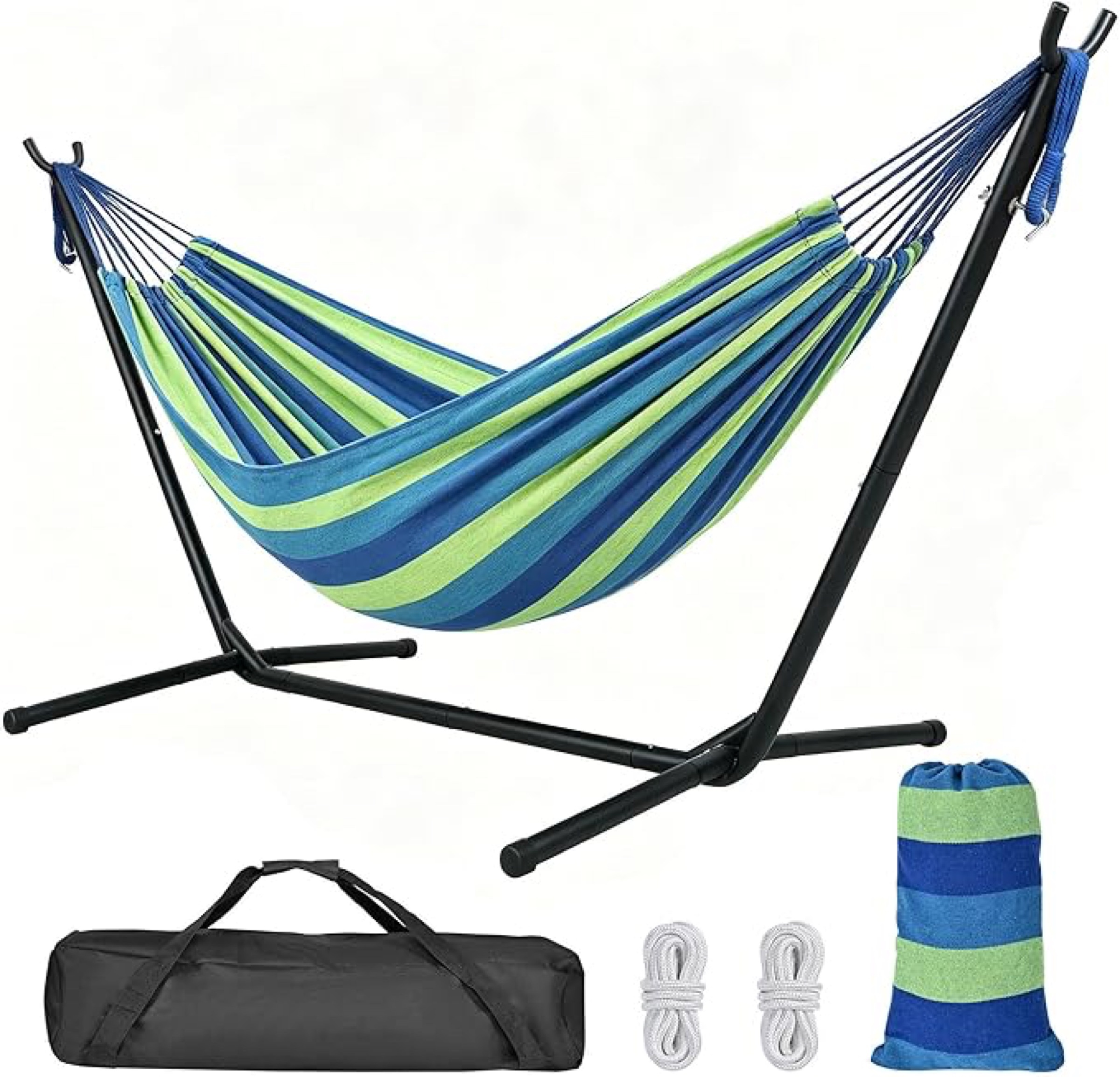 Double hammock with steel stand (blue/green stripe)