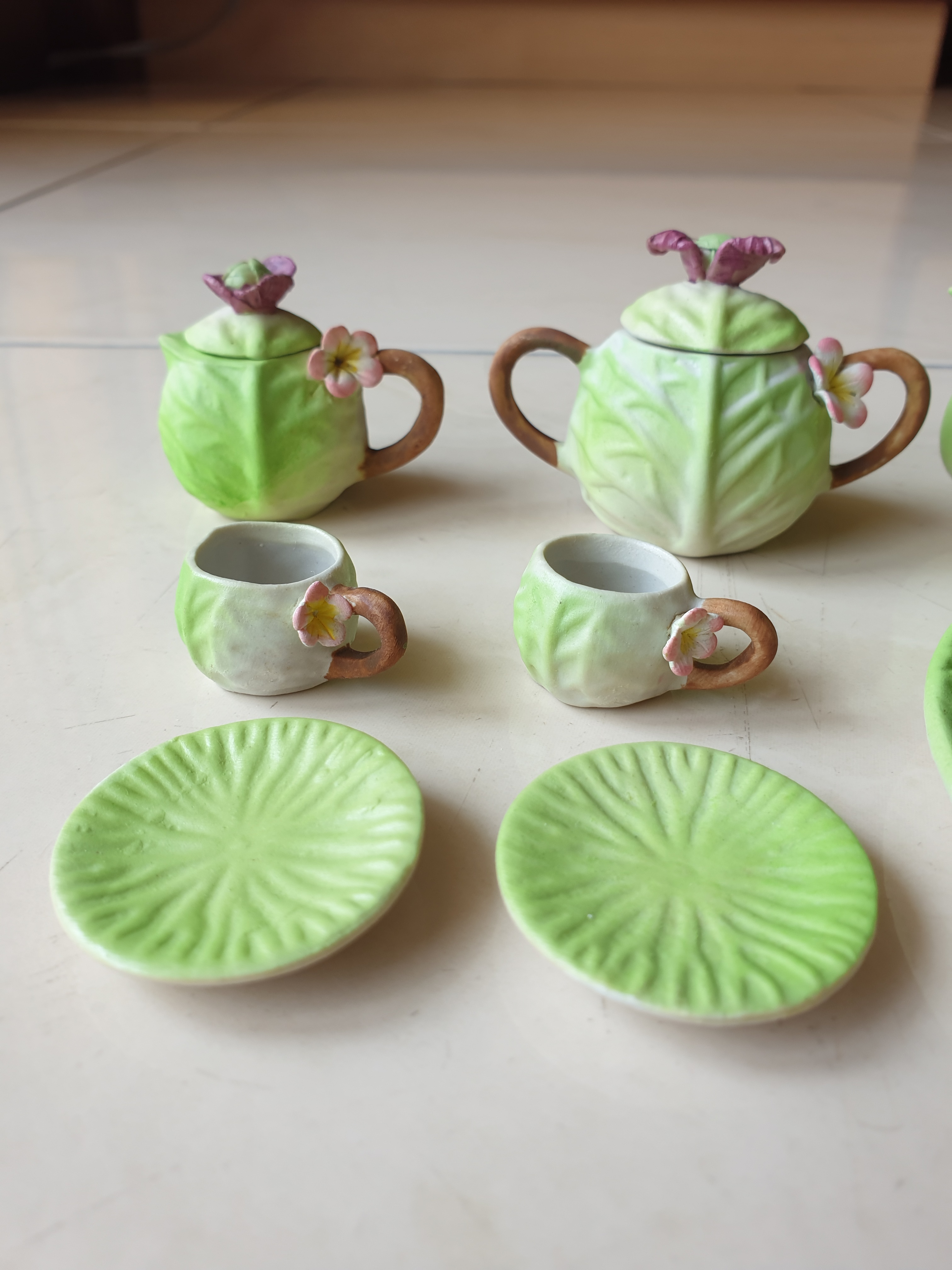 Vintage handmade miniature cabbage teacup plate set - photo 3