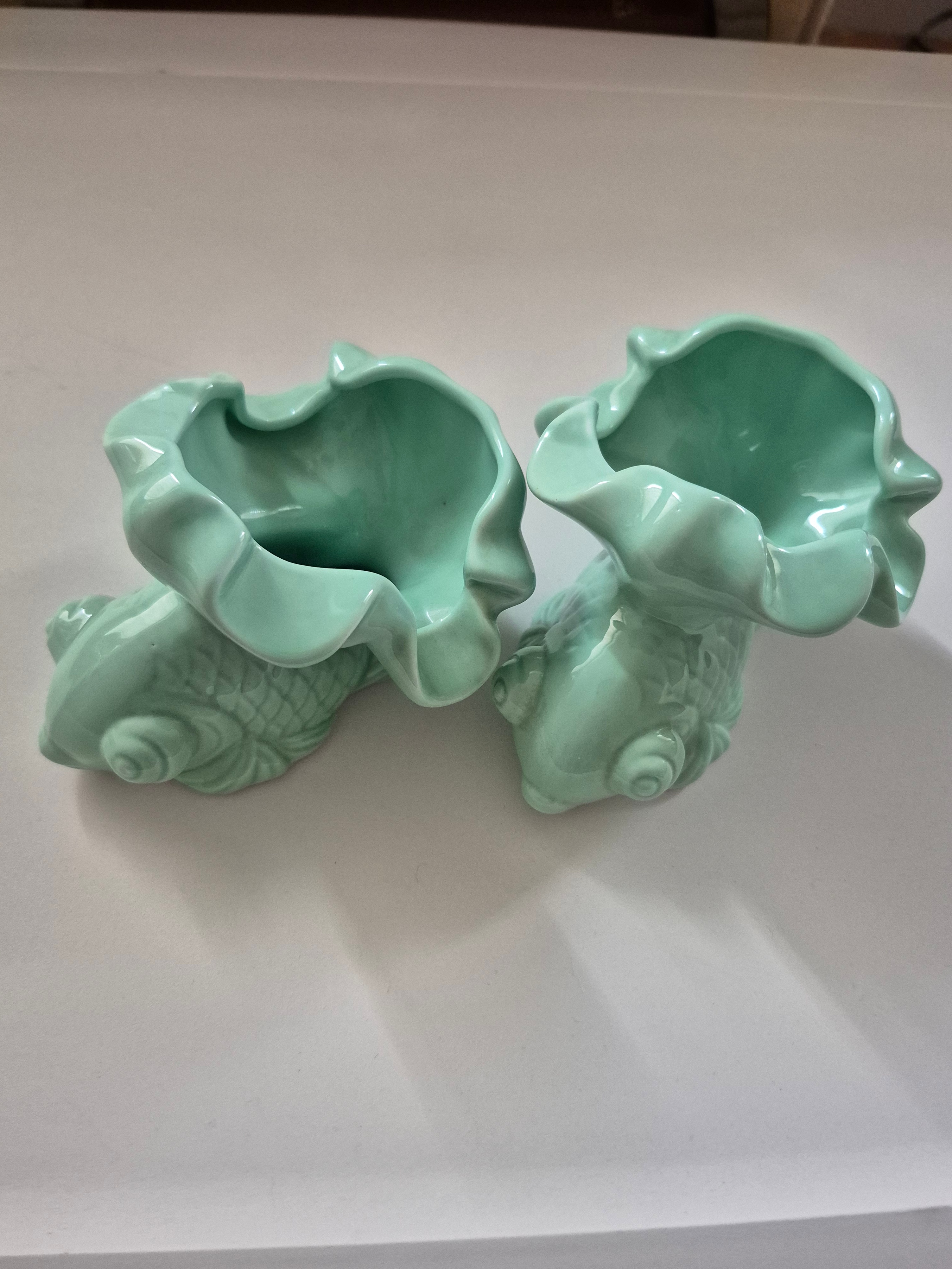 Vintage Style Ceramic Fish Vases  - Seafoam Green (Pair)