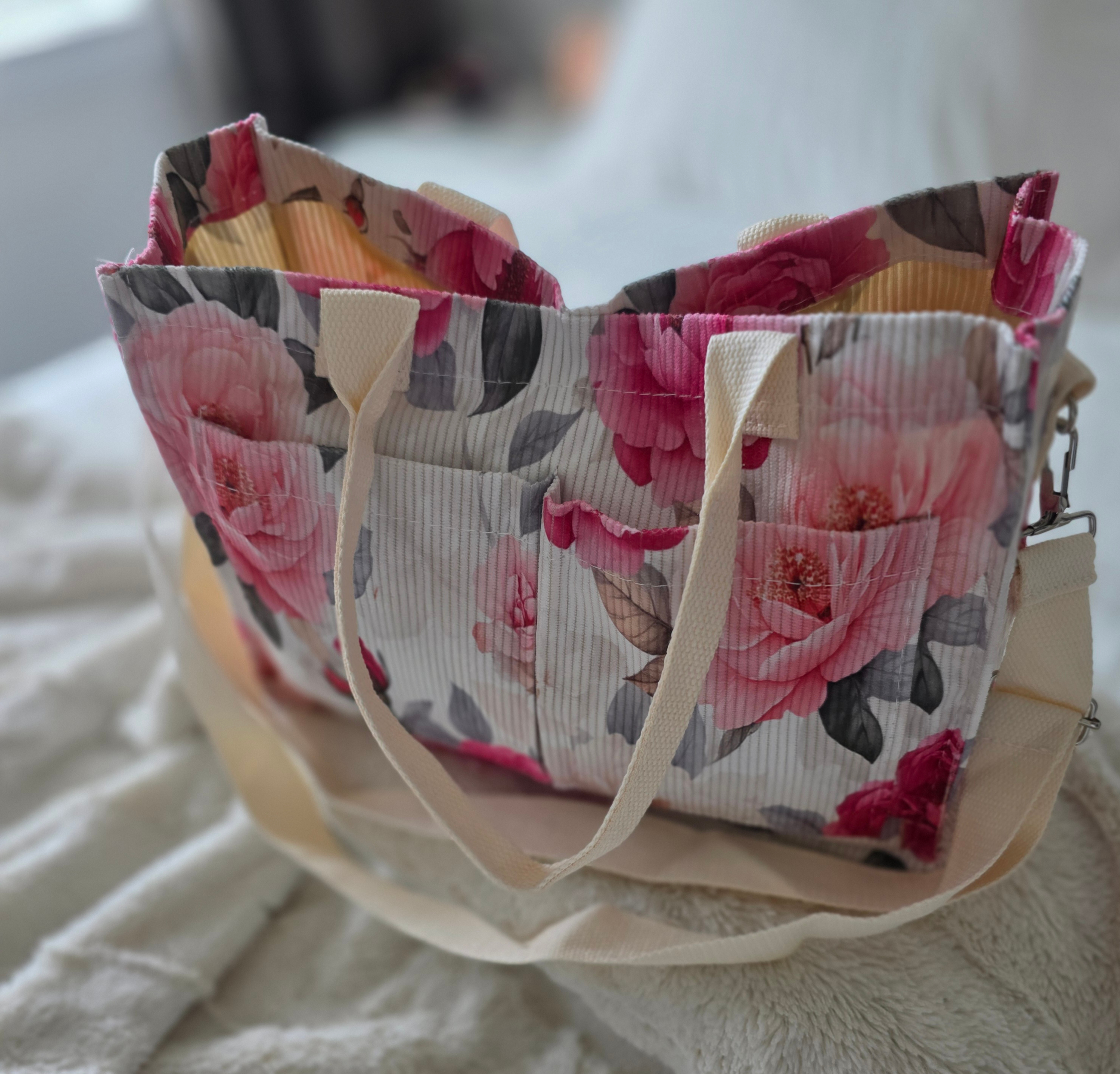 Ladies-Medium-Summer Style "Pink/Red Floral" Corduroy Tote Bag - photo 2