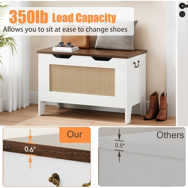 Rattan Toy Chest 30" Kids Wood Large Toy Box, Storage Bench