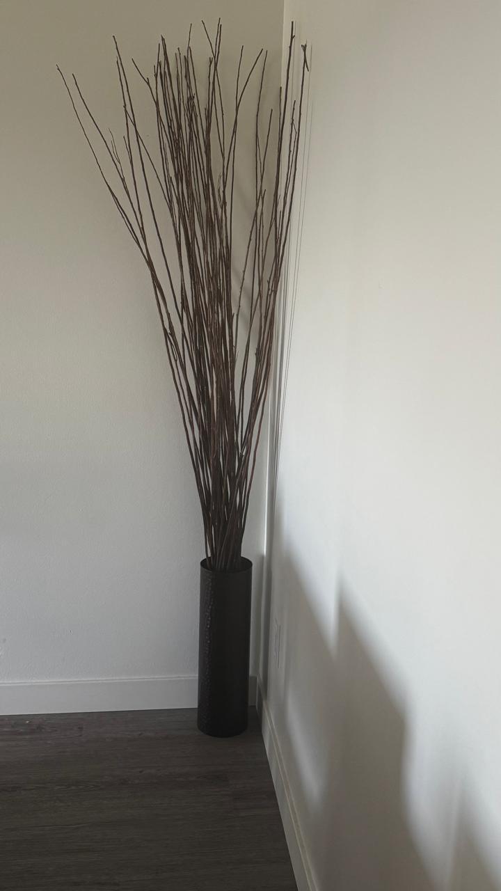 Tall Brown Hammered Metal Vase with Decorative Branches