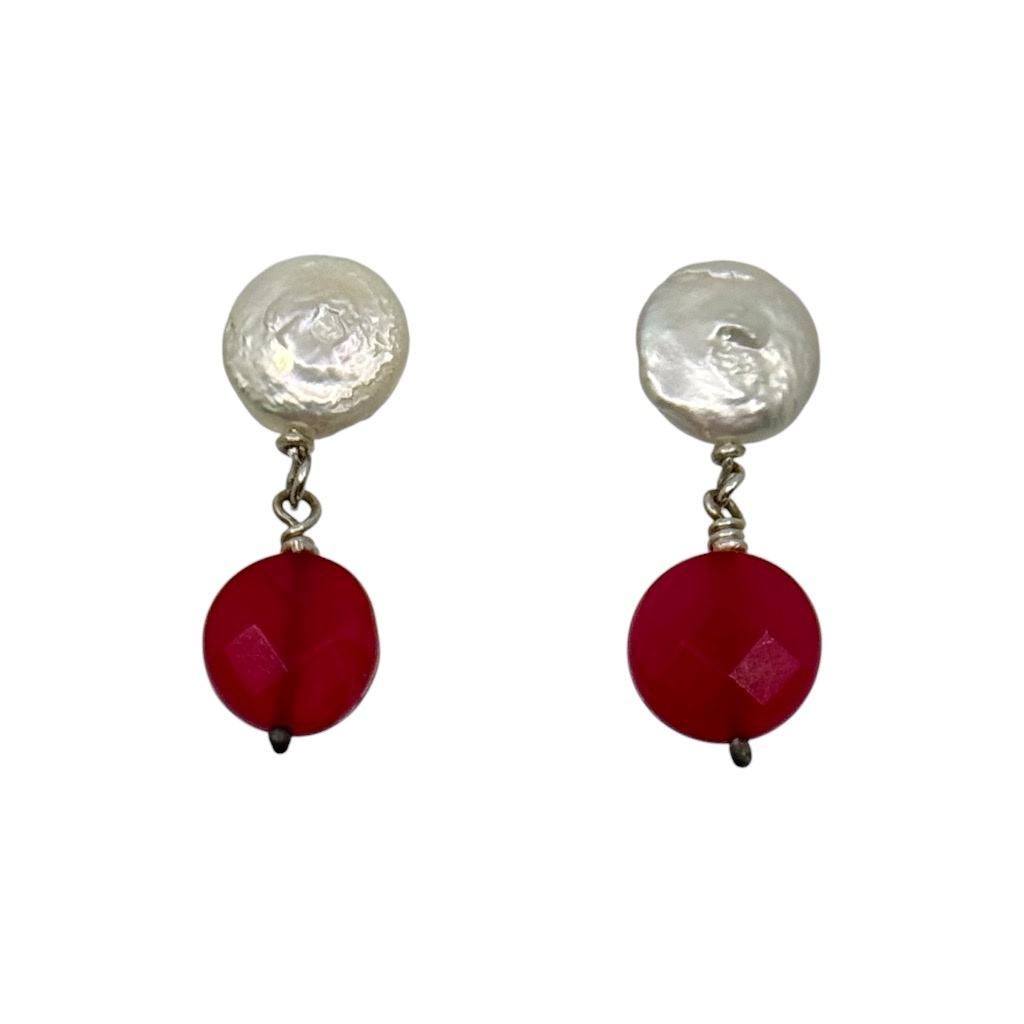 sterling silver freshwater pearl & red chalcedony drop earrings - photo 2