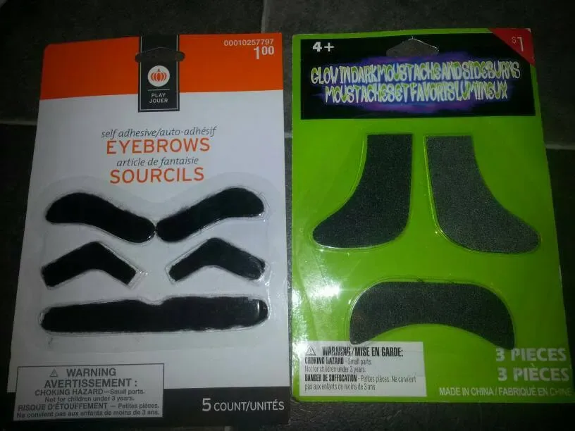 Glow In The Dark Moustache And Sideburns; Adhesive Eyebrows