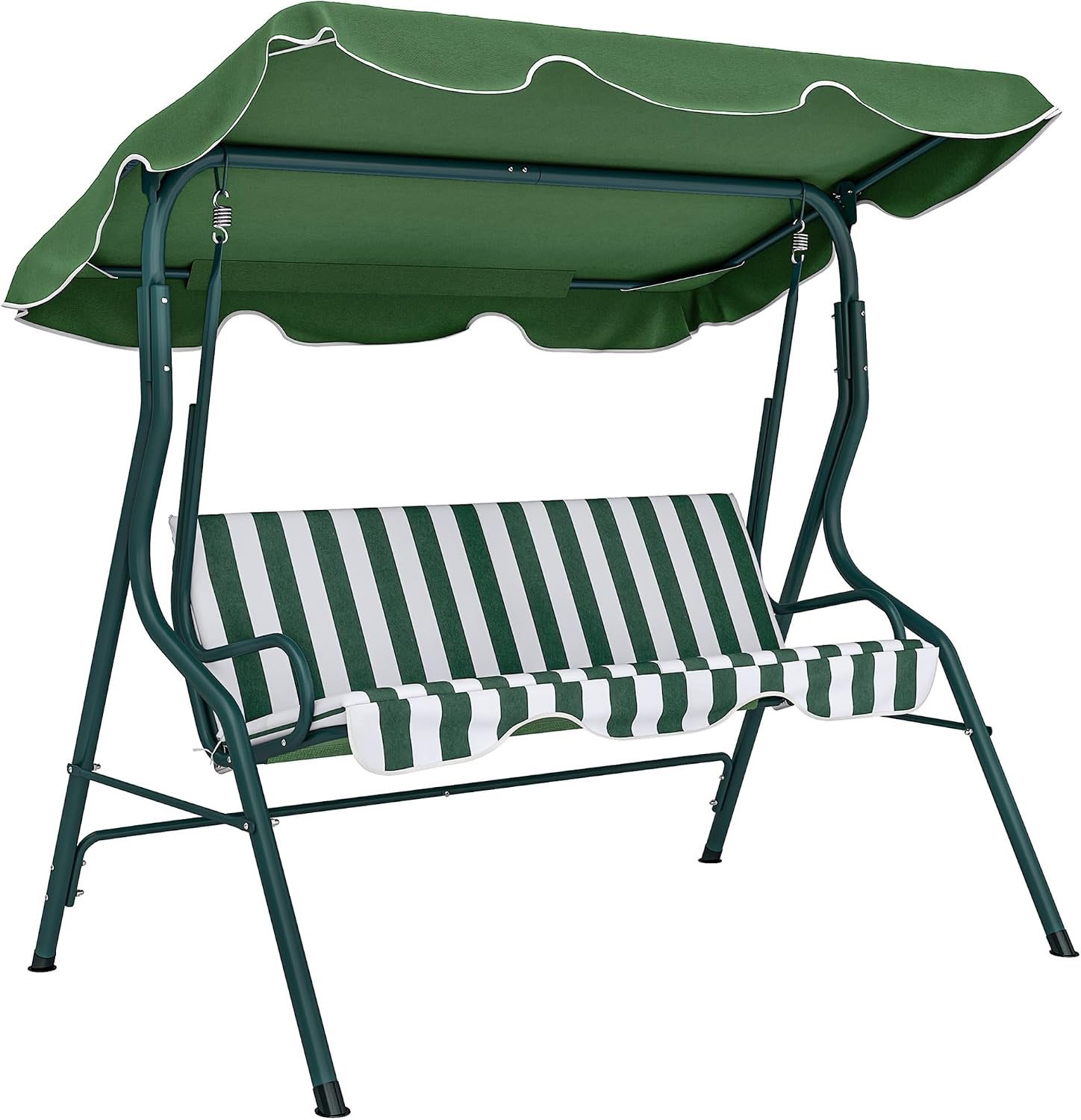 3-Seat Green/White Outdoor Swing Adjustable Canopy and Cushion