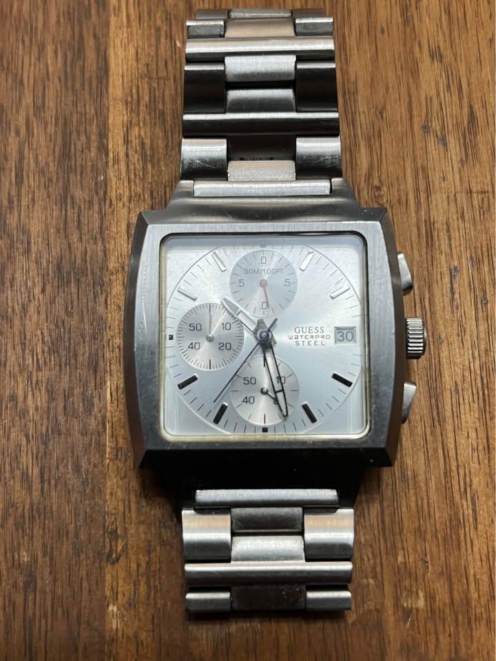 Vintage Guess Waterpro Steel Square Silver Chrono Date Watch