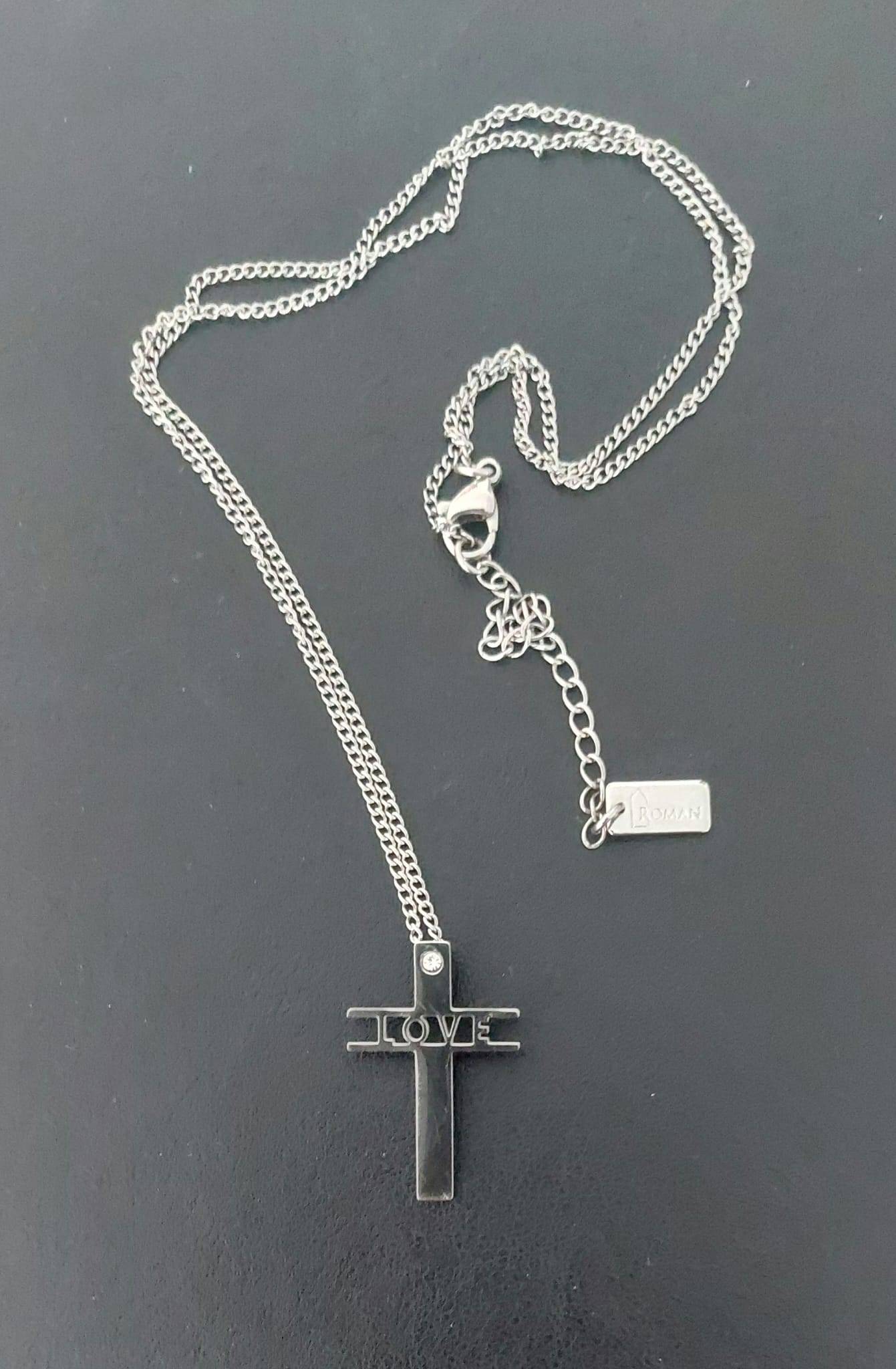 Roman Brand Silver-Tone Metal "LOVE" Cross Pendant Necklace