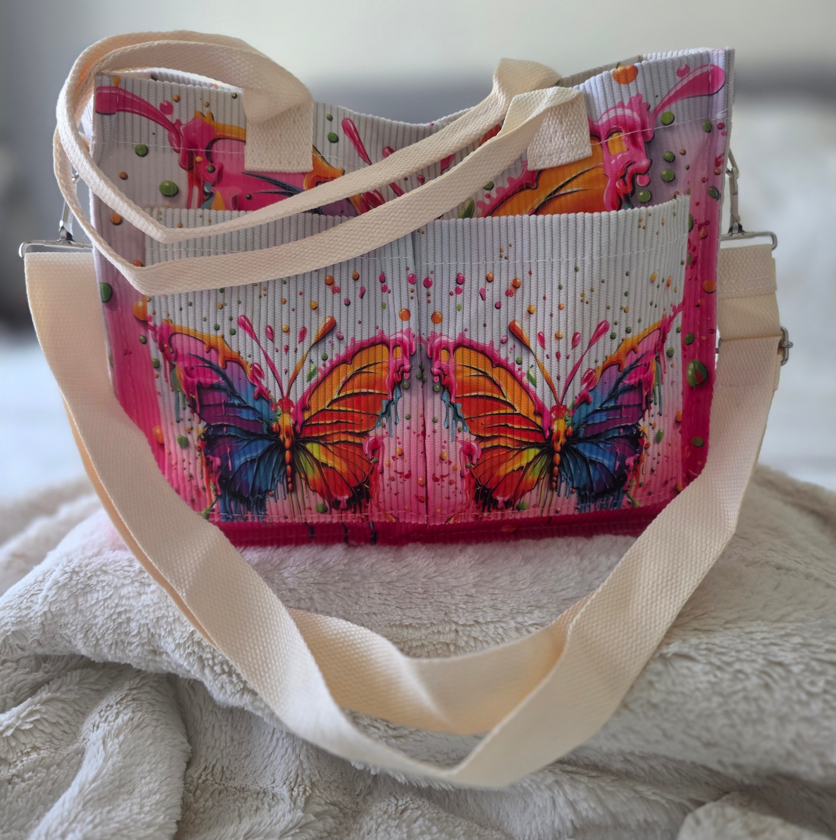 Ladies Medium-Colorful Ink-Spatter Butterfly-Corduroy Tote Bag