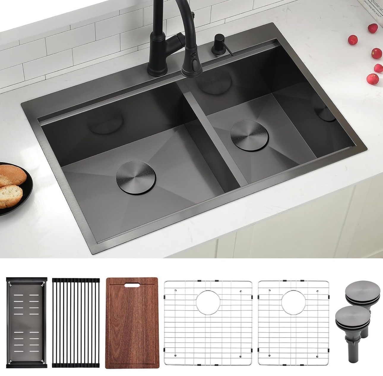 NEW: Black Drop in Double Bowl 60/40 Kitchen Sink 33x22 16Gauge - photo 2