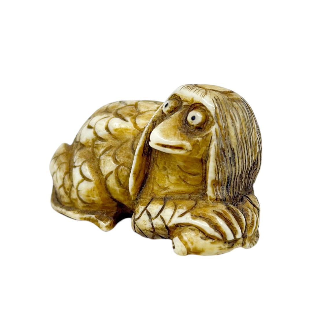 Showa period Japanese carved bone Kappa with fish netsuke - photo 2