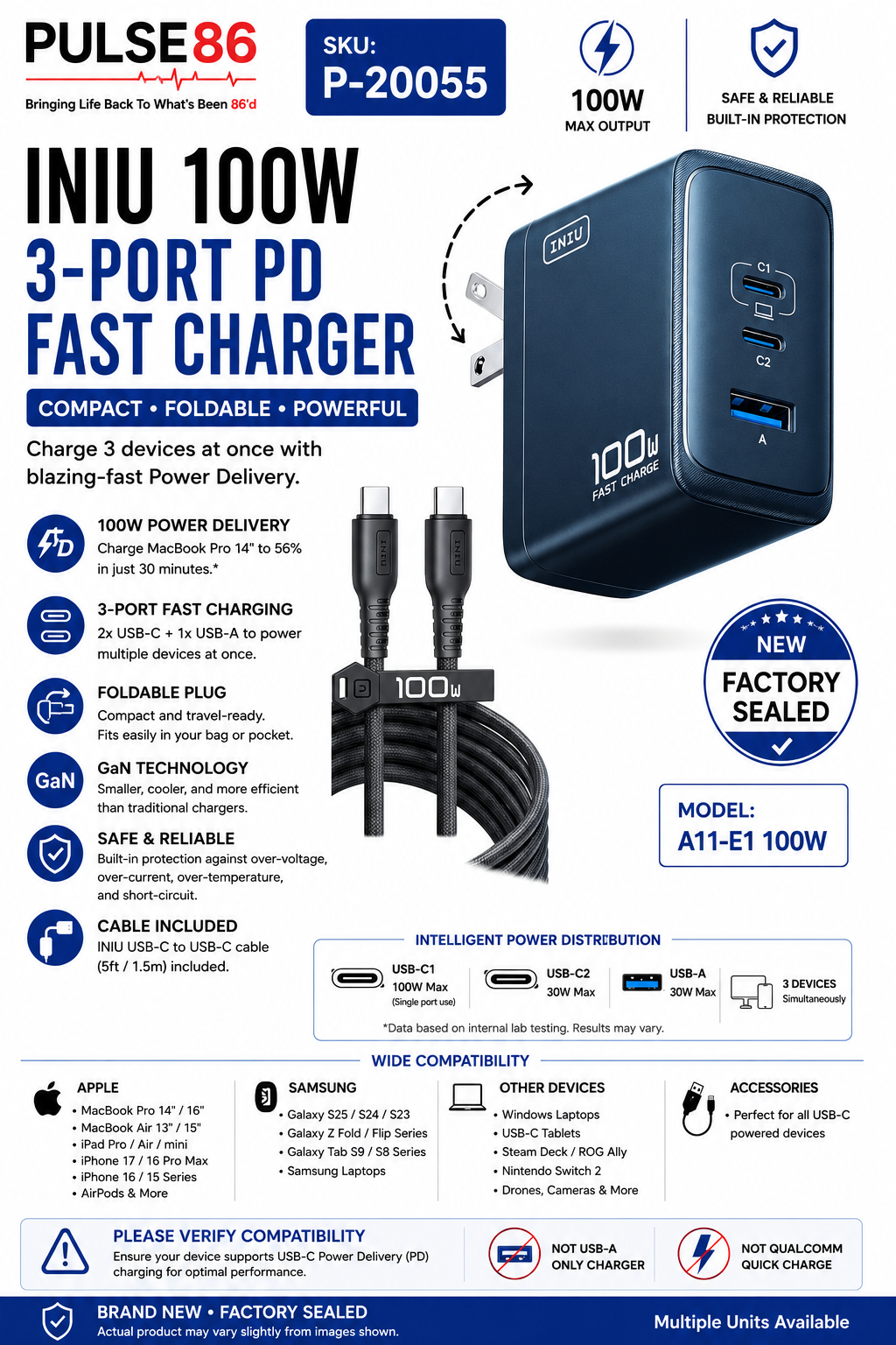 INIU 100W GaN 3-Port Fast Charger + 100W USB-C Cable | Sealed