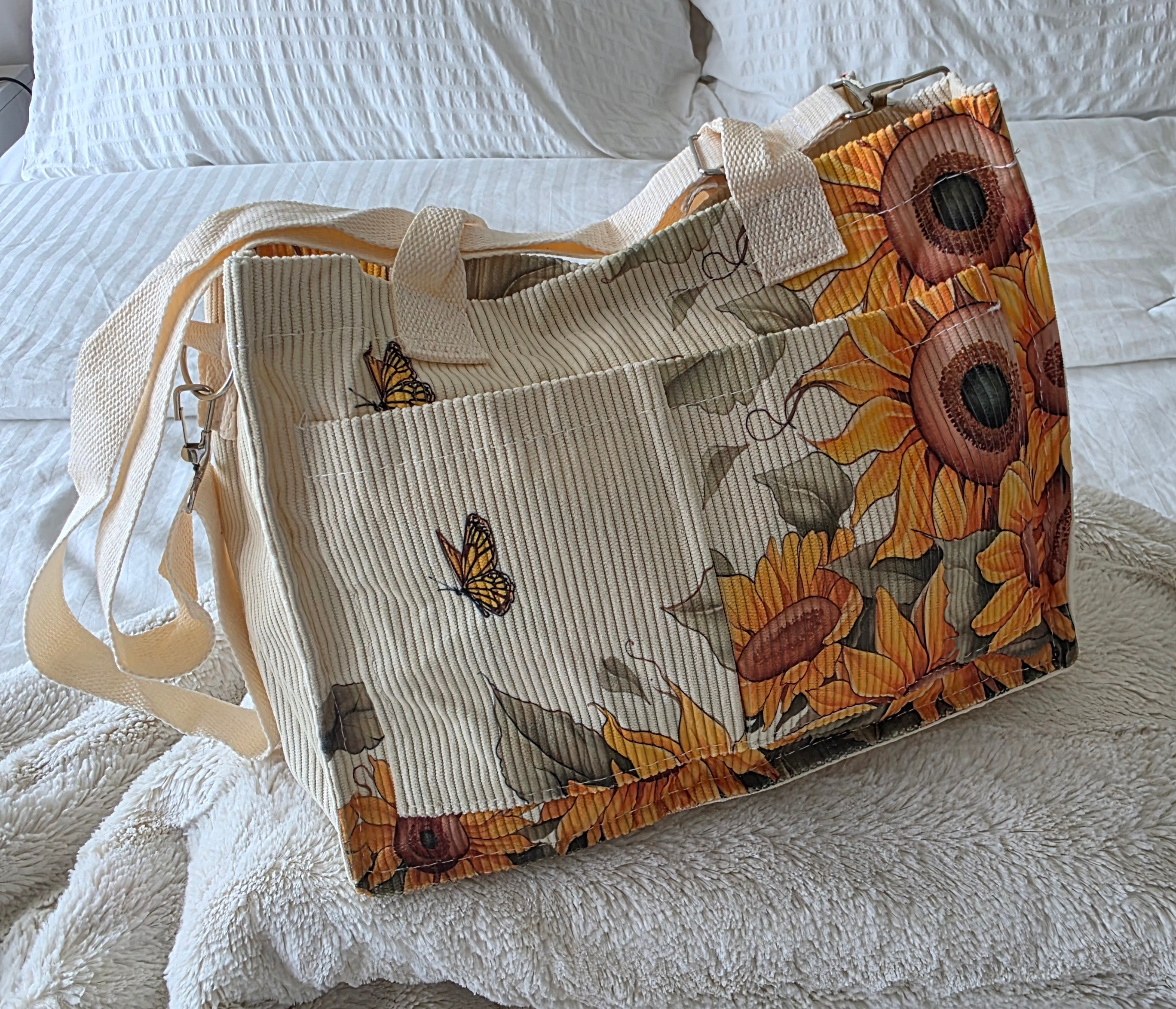 Ladies-Medium-"Sunflower & Butterfly" Pattern Corduroy Tote Bag - photo 2