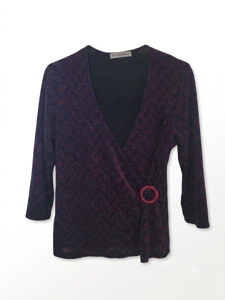 Notations Vintage Black Red Glitter Chevron Faux Wrap Top Size L - photo 2