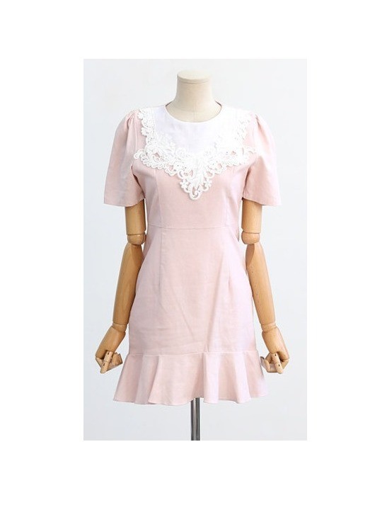 Made in Korea NEW Pink Lace Collar Summer Cotton Mini Dress