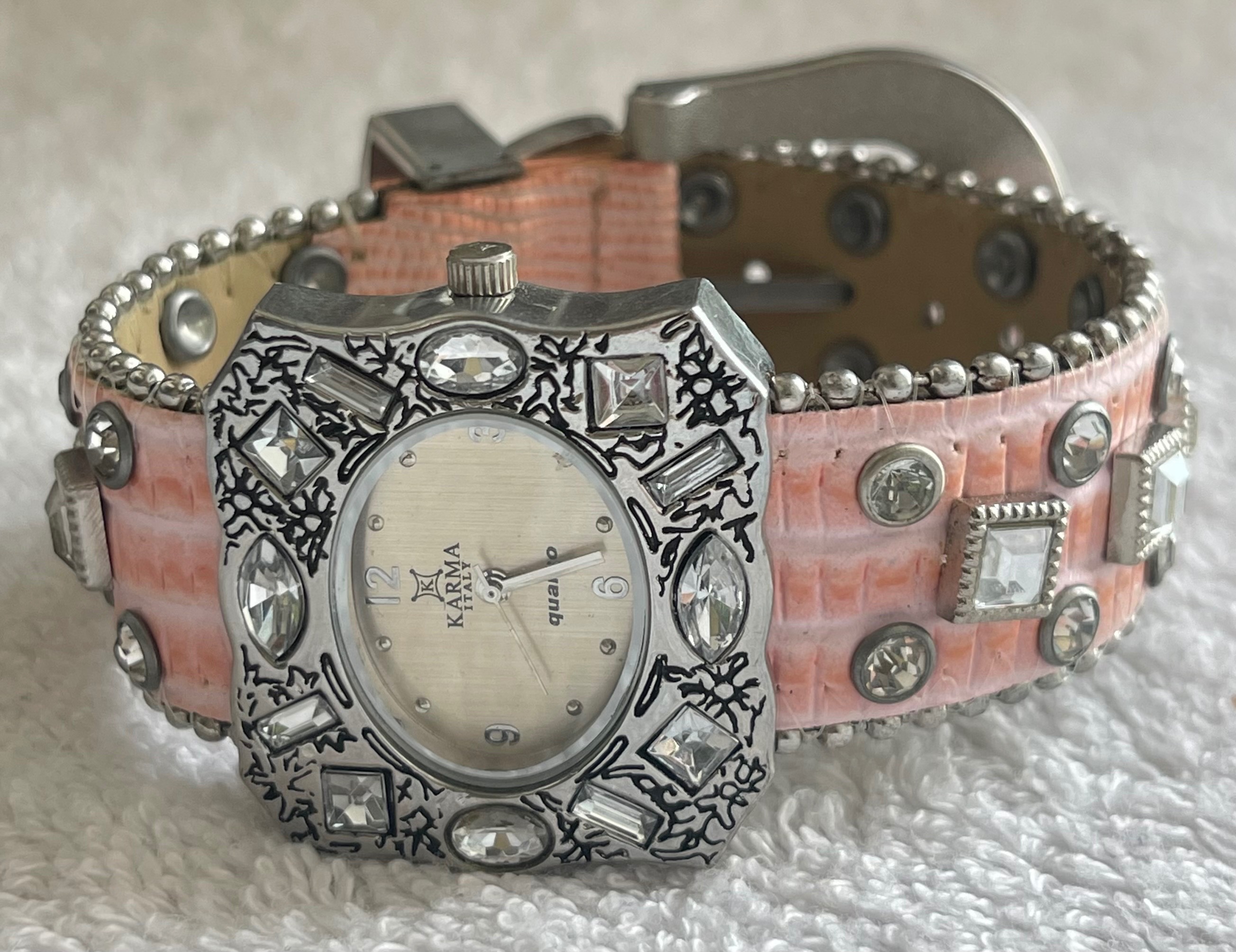 Karma Italy Rhinestone Leather Cuff Watch (Needs Battery)