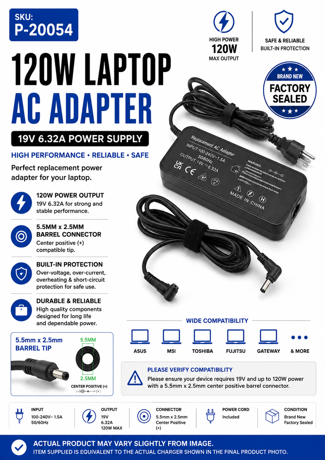 120W Laptop AC Adapter – 5.5 × 2.5mm Barrel Tip