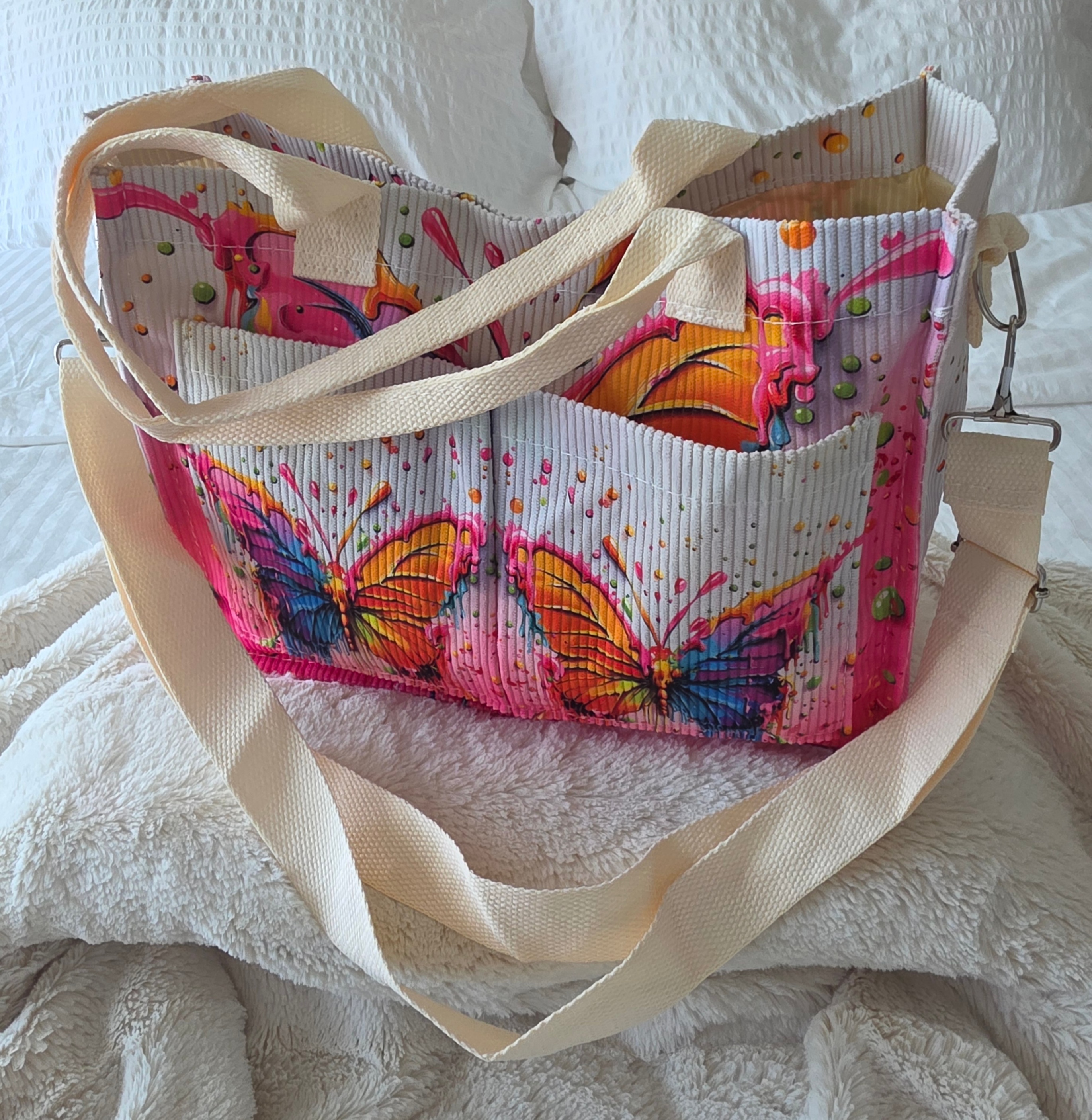 Ladies Medium-Colorful Ink-Spatter Butterfly-Corduroy Tote Bag - photo 2