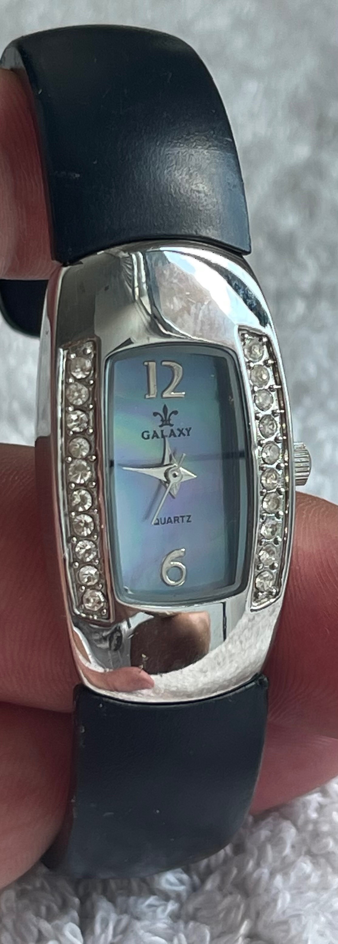 Vintage Galaxy Quartz MOP Rhinestone Cuff Watch (Needs Battery)