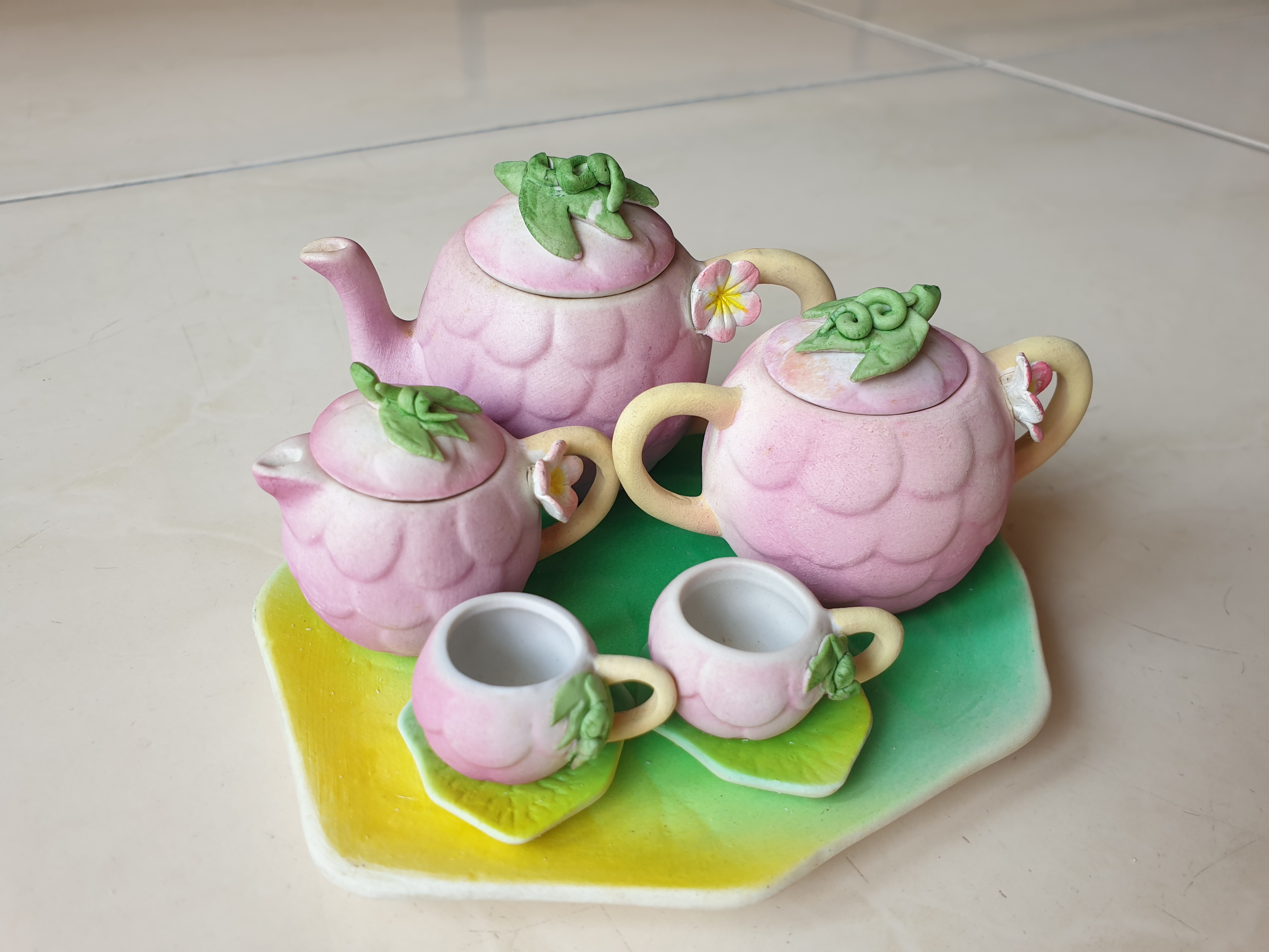 Vintage handmade miniature grapes teacup plate set