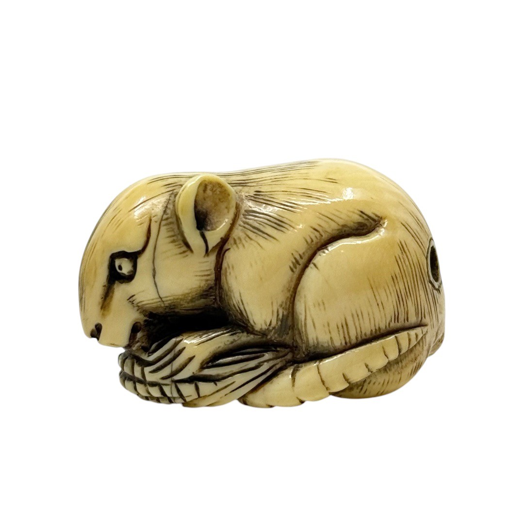 Showa period Japanese carved bone mice with corn netsuke