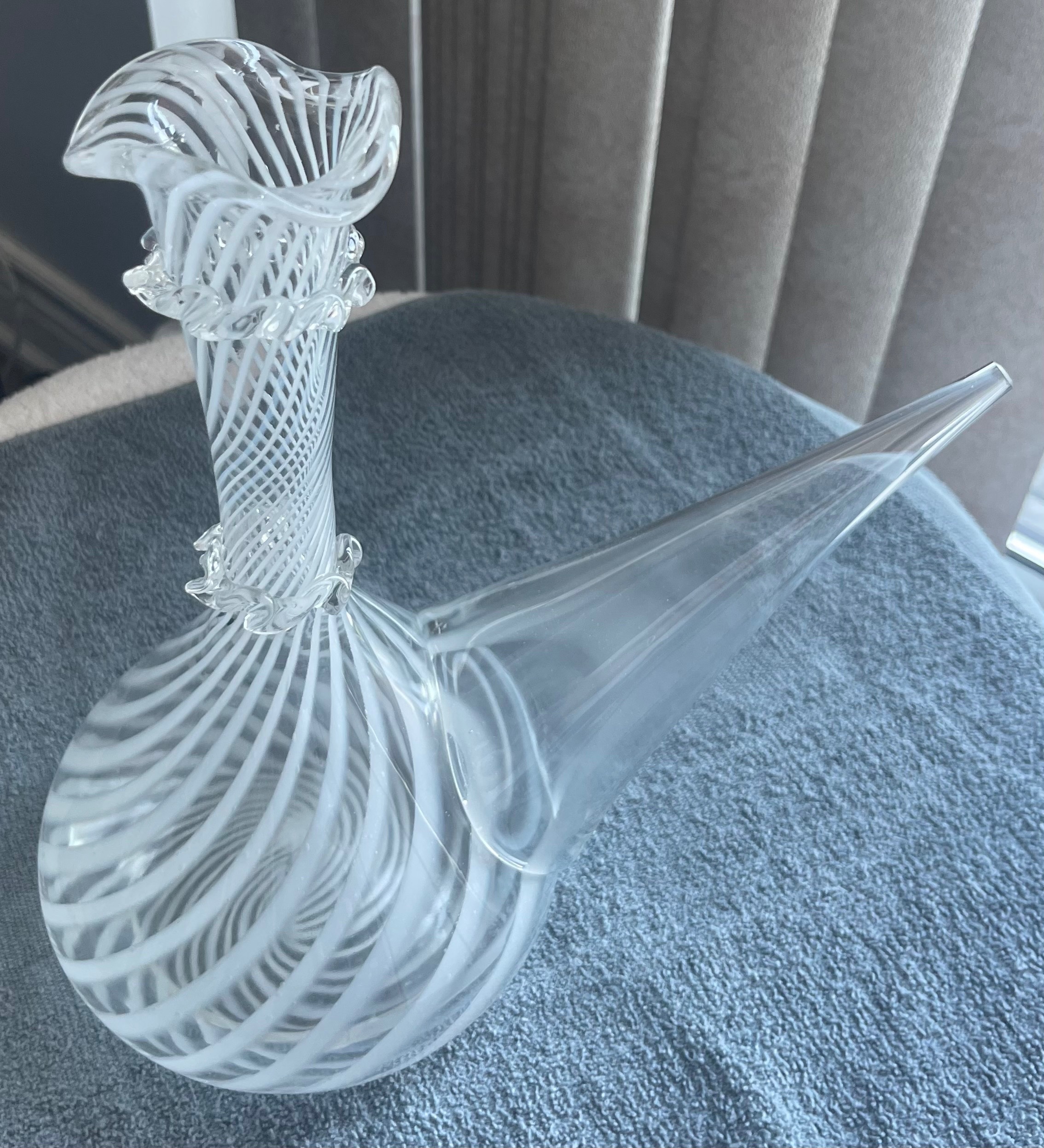 Antique Hand-Blown Glass Porron Wine Pitcher (Latticino Swirl)