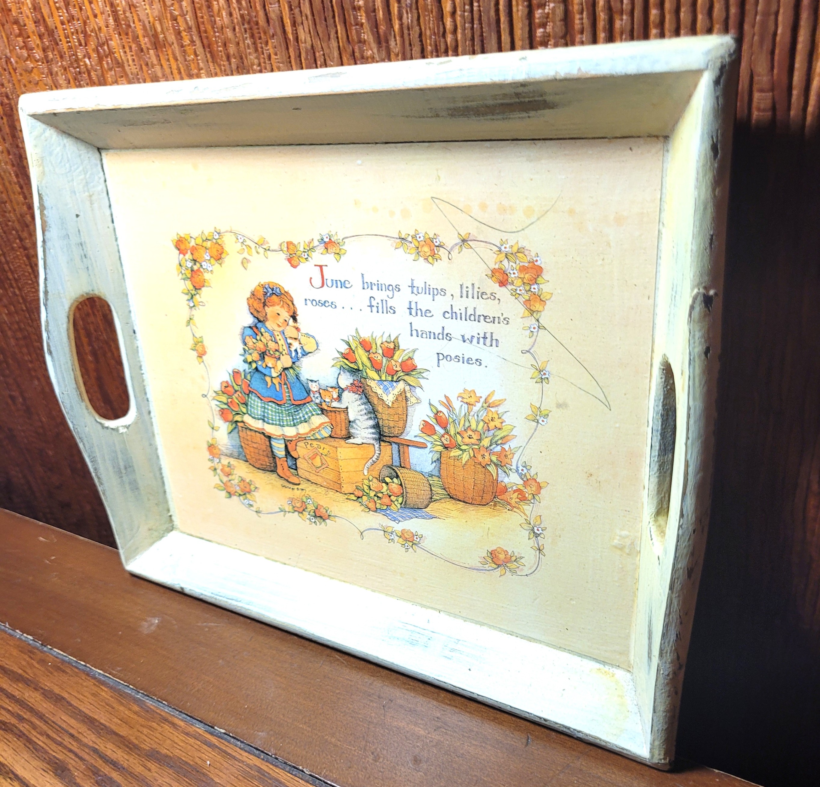 Shabby Chic Wooden Serving Tray Cottagecore June Poem Cat Decor