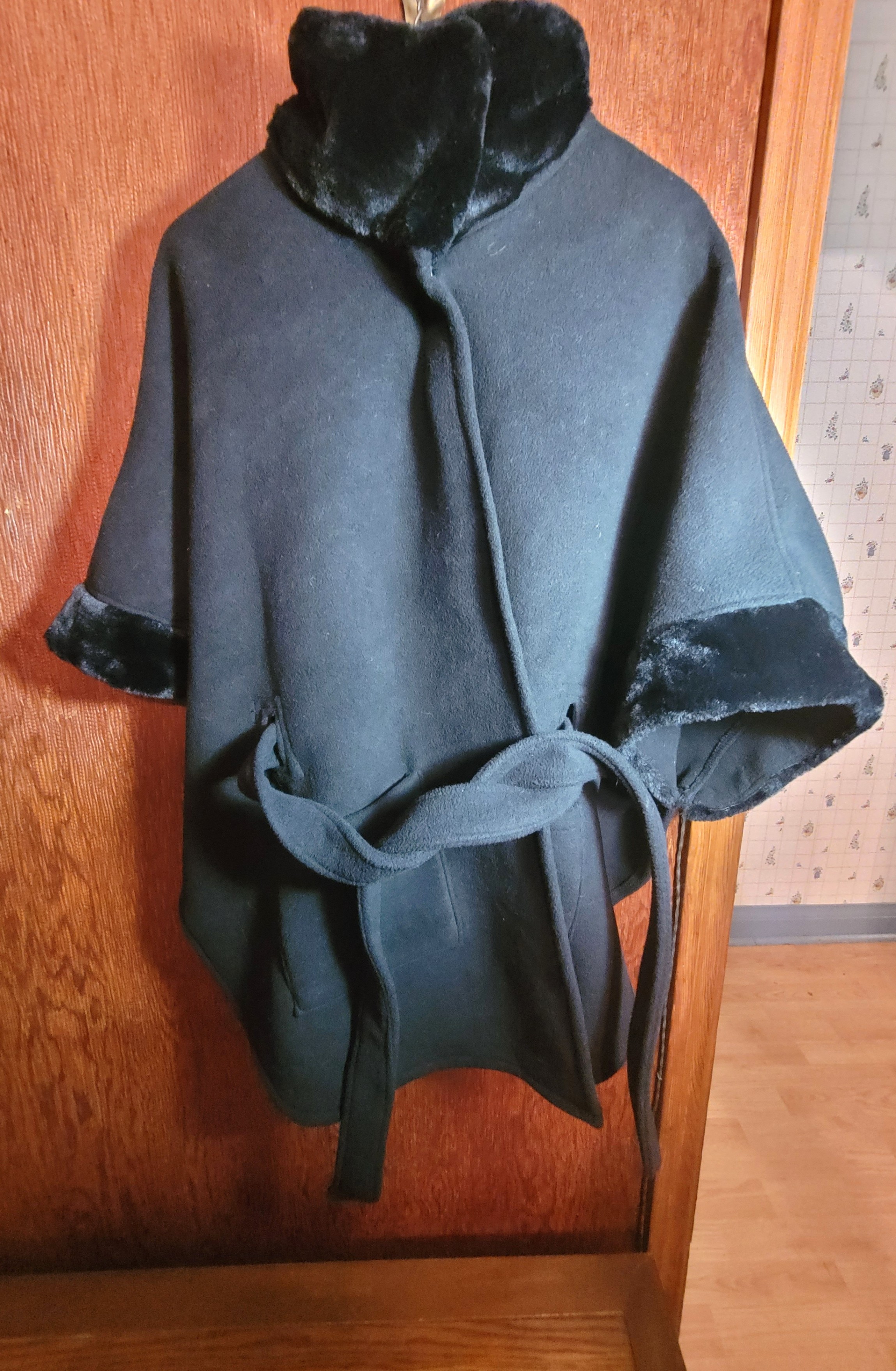 Eivissa Black Fleece Belted Cape Coat Faux Fur Collar Cuffs Wrap
