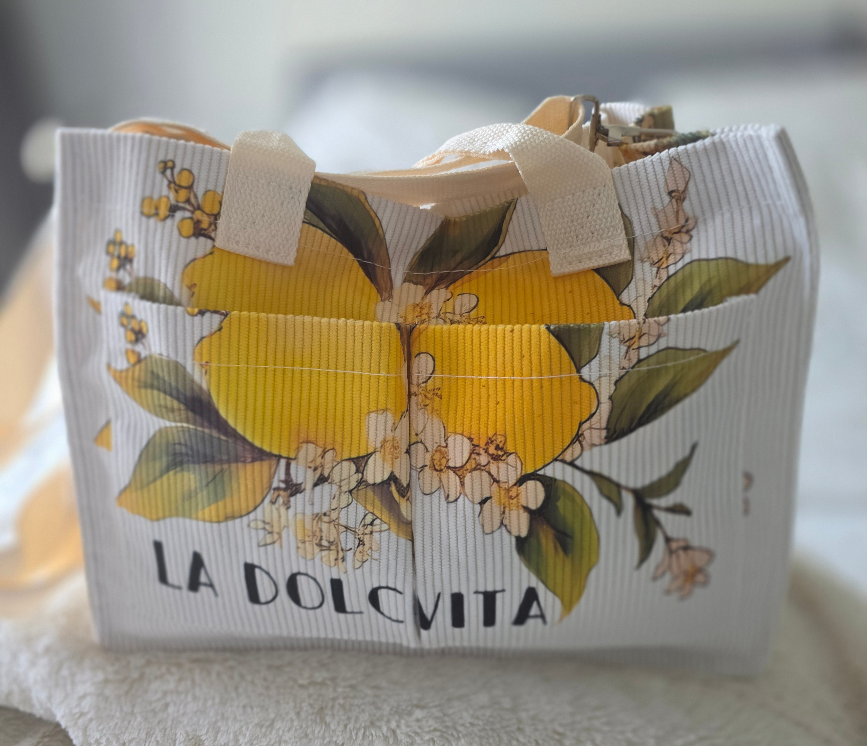 Ladies-Medium-Lemon Floral-"LADOLCEVITA" Corduroy Tote Bag