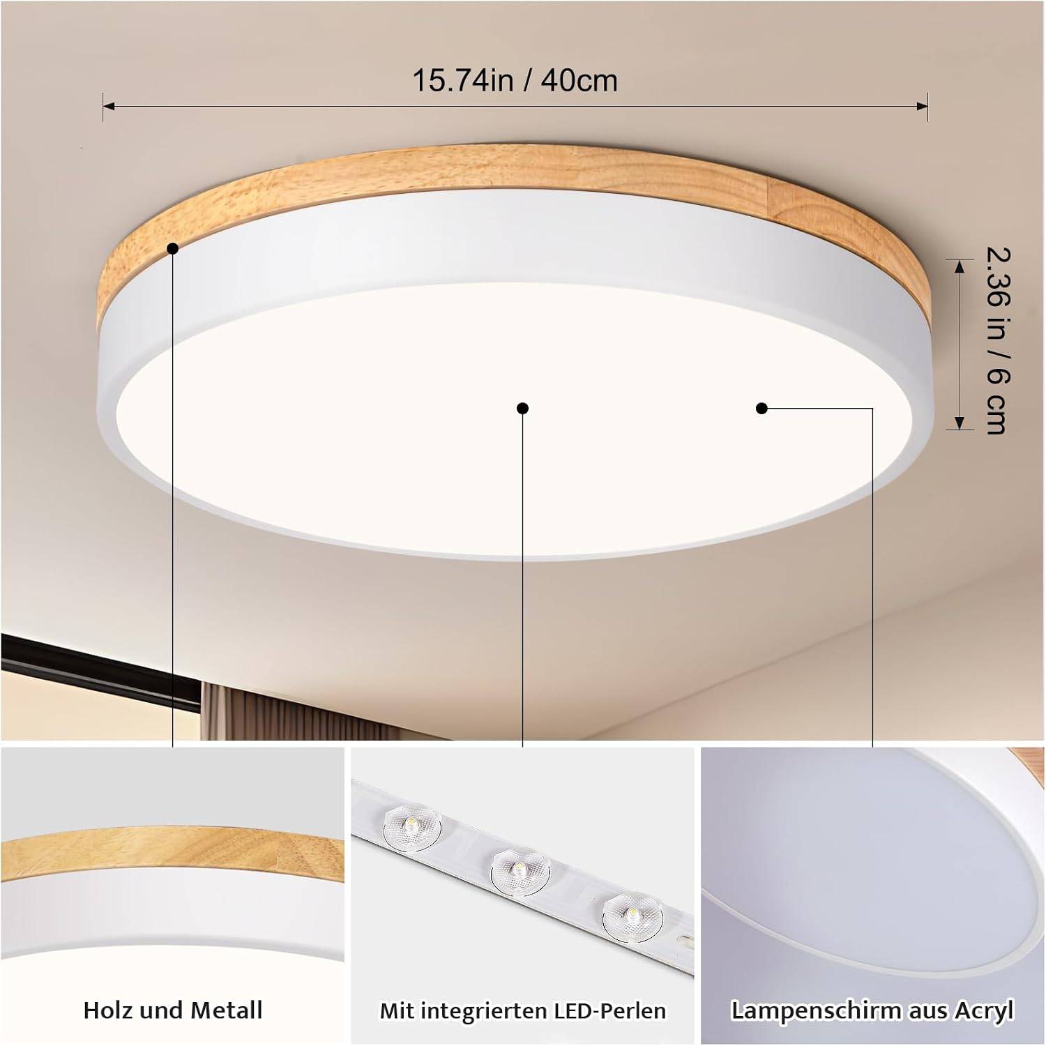 LED Ceiling Light, 40 cm White Wooden Ceiling Light - photo 5