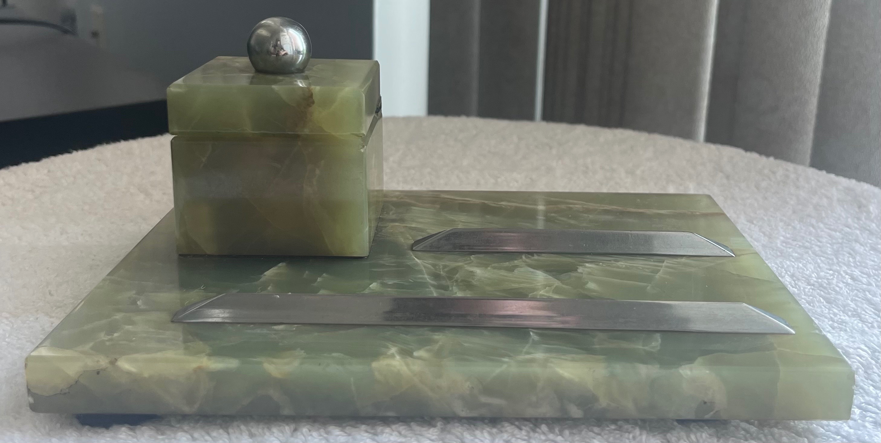Vintage Italian Green Onyx Marble Desk Inkwell Pen Stand - photo 3
