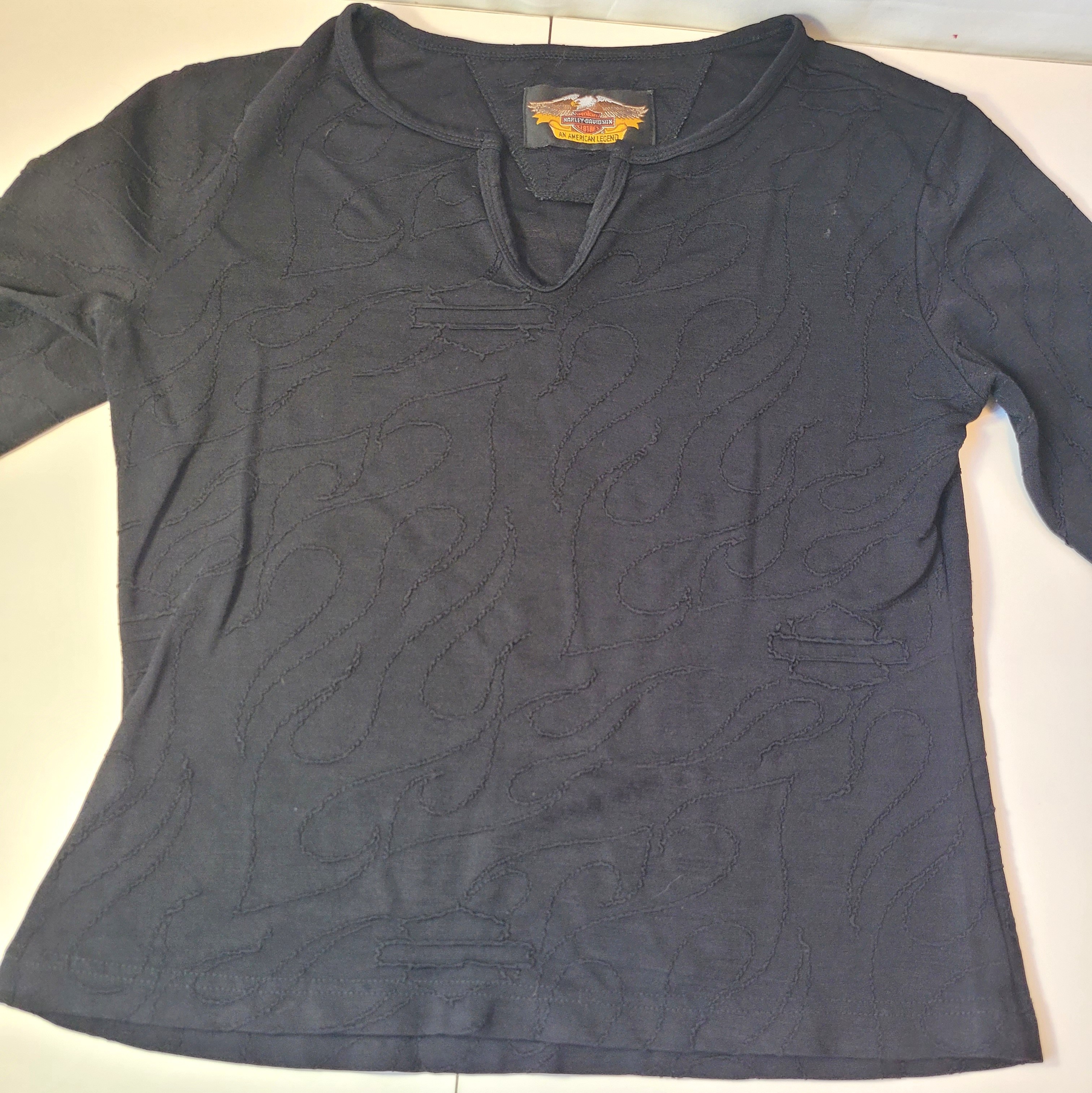 Circa 1990s Harley Davidson Black Flame Textured Knit Split Top