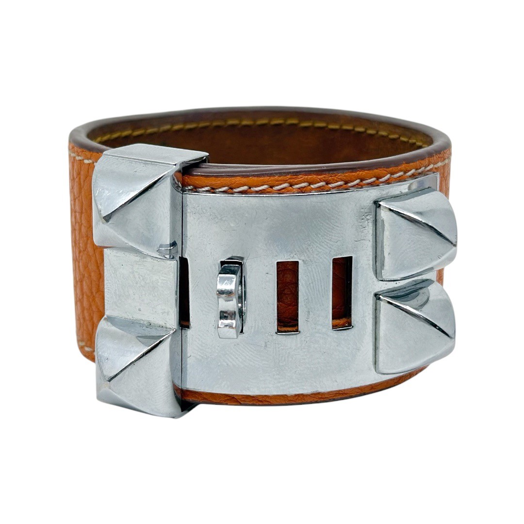 Hermes Paris Collier de Chien orange leather palladium bracelet - photo 4