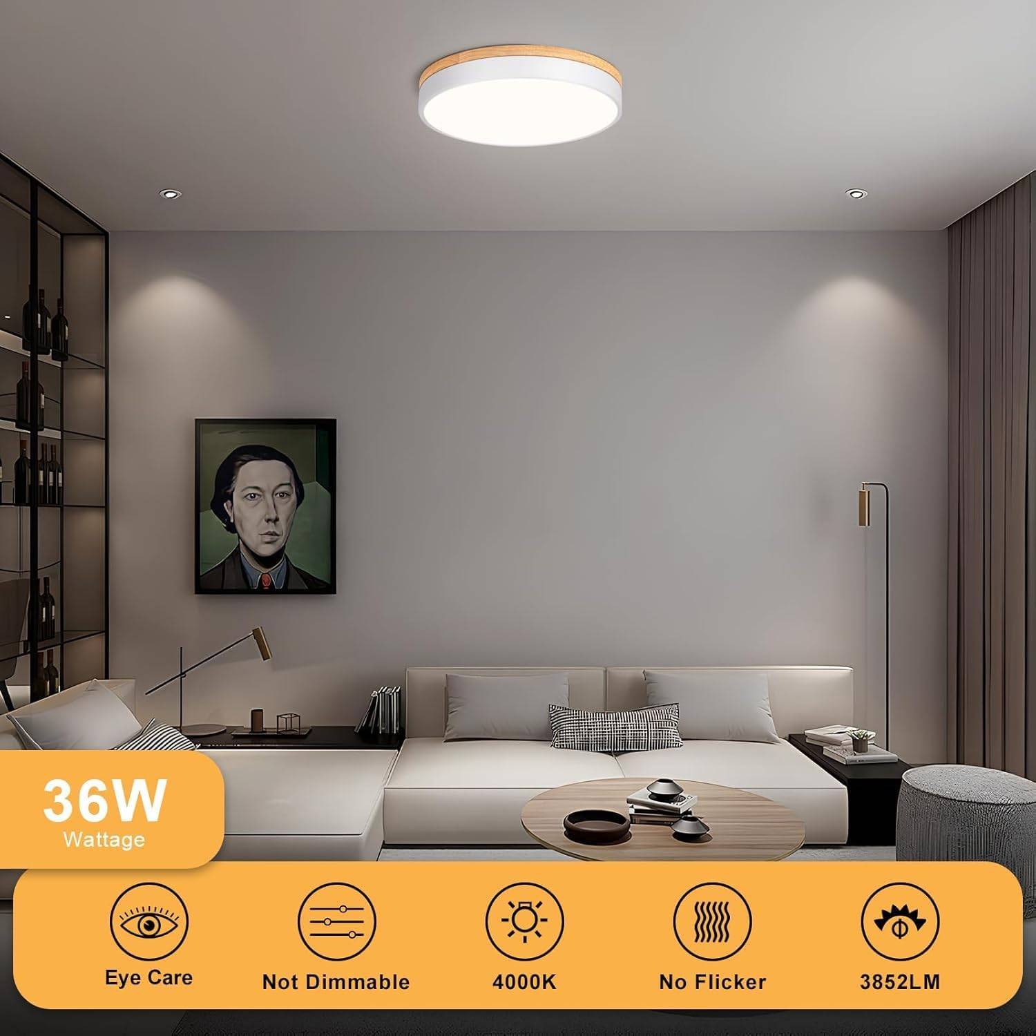 LED Ceiling Light, 40 cm White Wooden Ceiling Light - photo 3