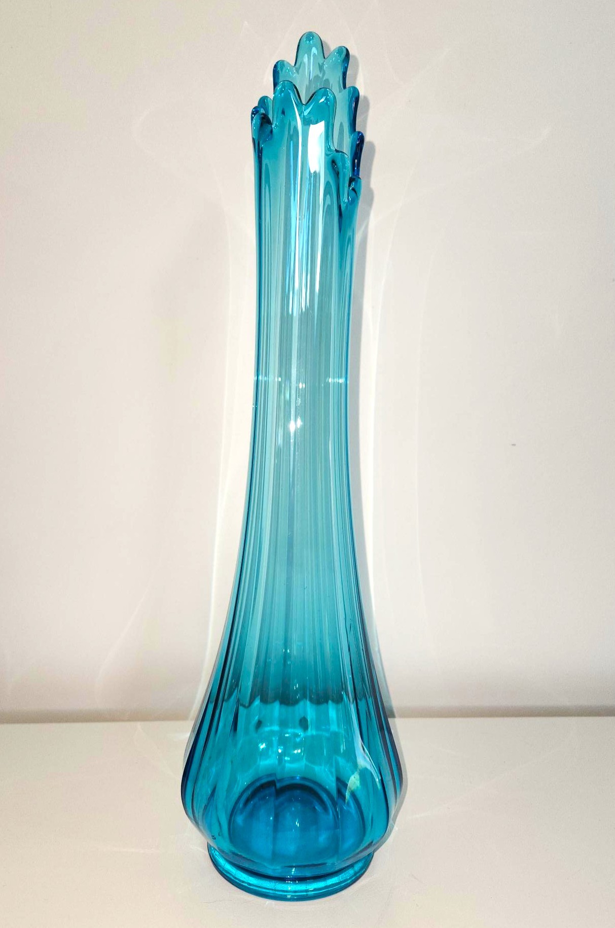 MCM Peacock Blue Swung Glass Vase Fat Bottom Ribbed 18.5"