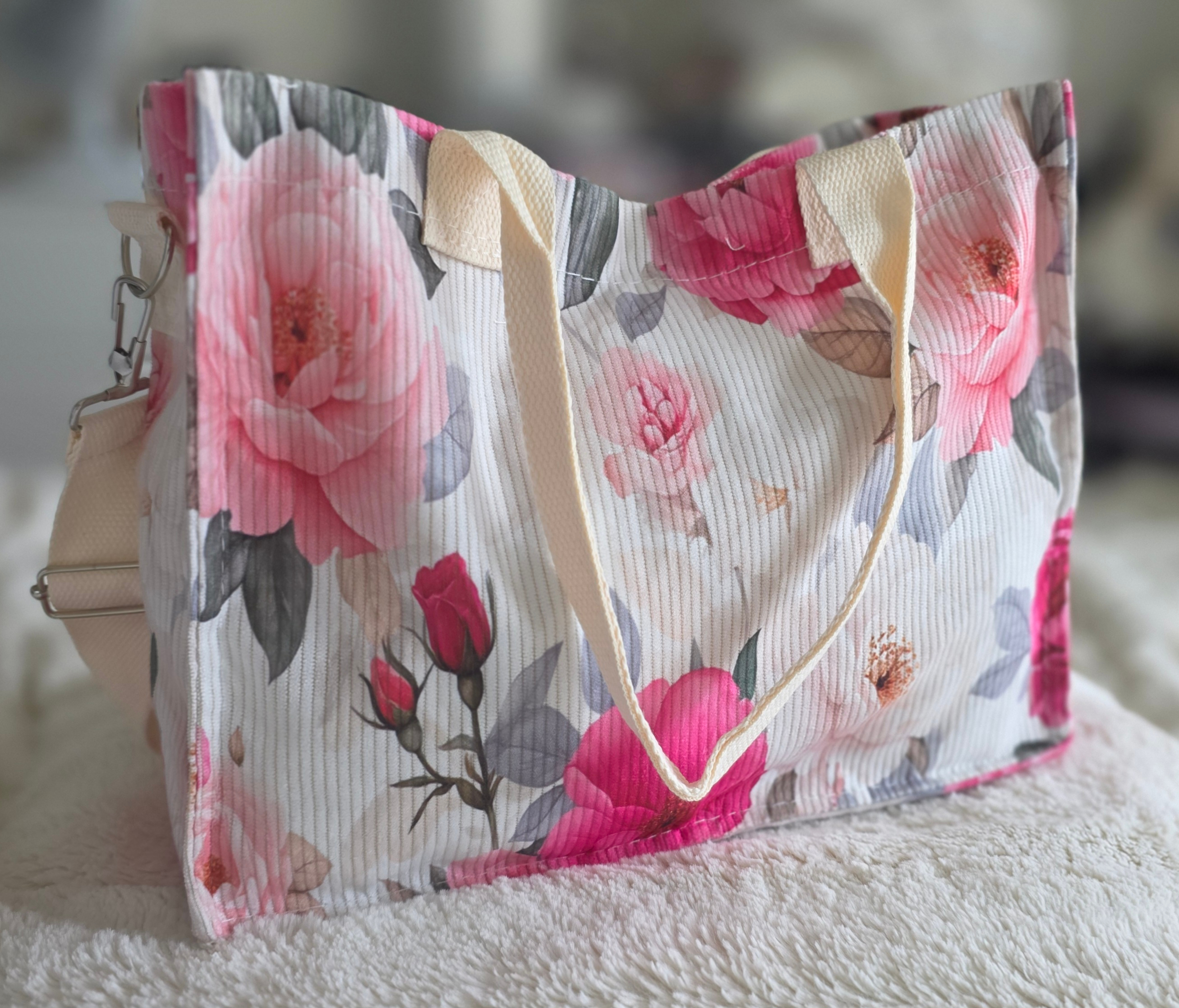 Ladies-Medium-Summer Style "Pink/Red Floral" Corduroy Tote Bag - photo 5